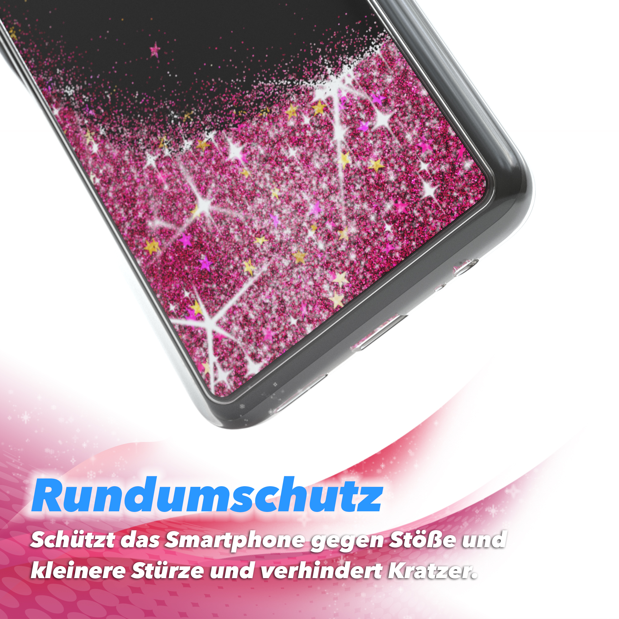 Nahaufnahme einer Handyhülle mit rosa Glitzer. Weißer Hintergrund mit rosa Welle.