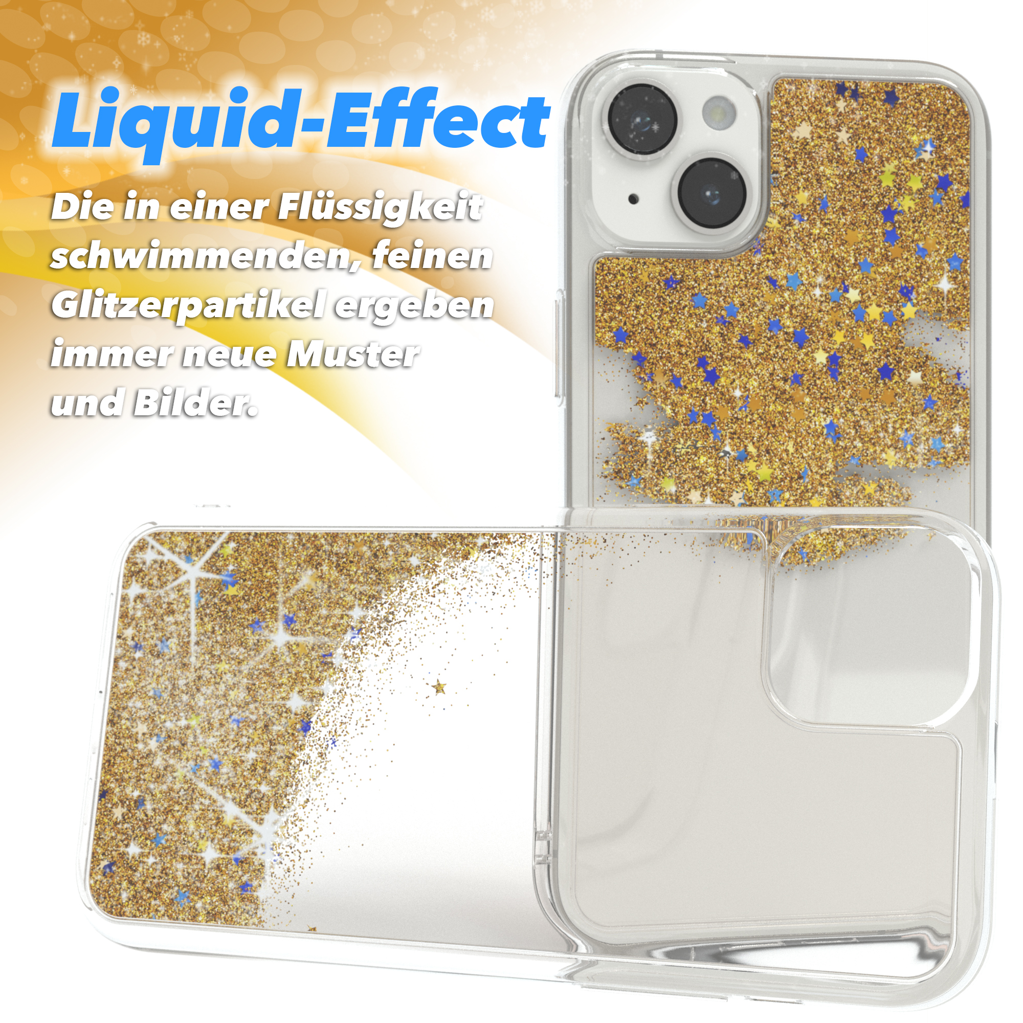 Transparente Handyhülle mit goldenem Glitzer und Sternen.