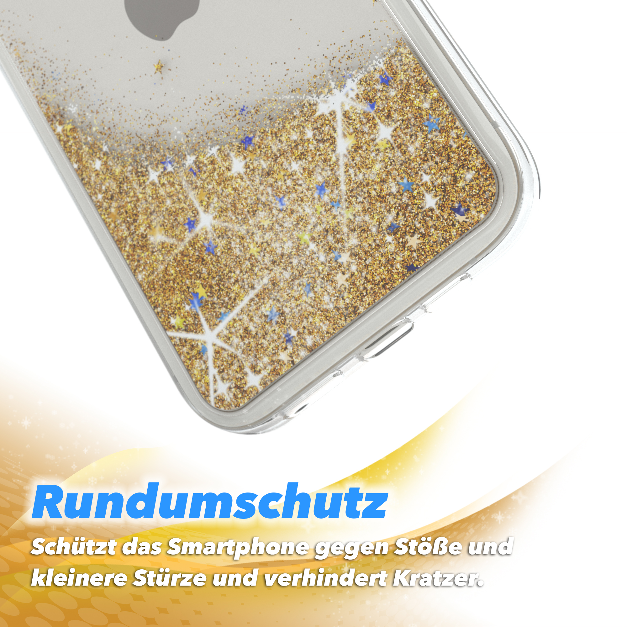 Nahaufnahme einer Handyhülle mit goldenem Glitzer und Sternen, mit Text über Schutz.
