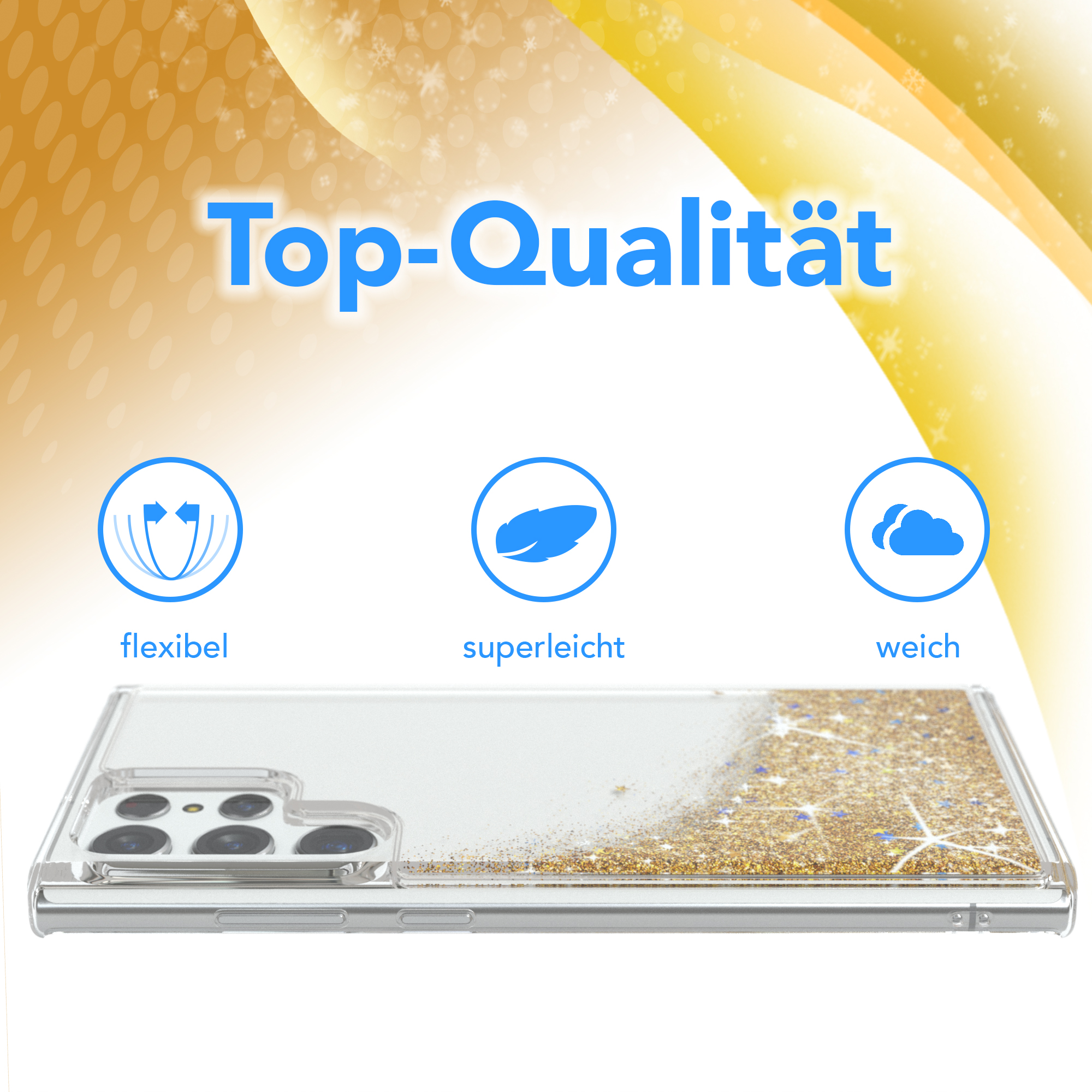 Handyhülle mit goldenem Glitzer und Symbolen. Es hat drei Symbole, die die Eigenschaften der Hülle beschreiben.