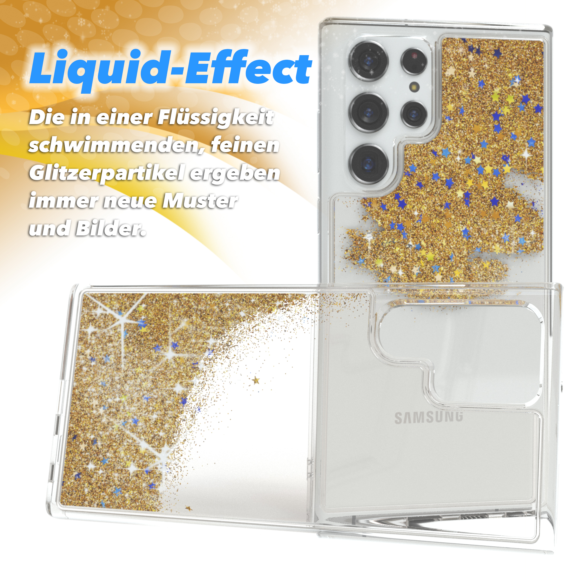 Ein Telefon mit einer transparenten Hülle mit goldenem Glitzer und Sternen.