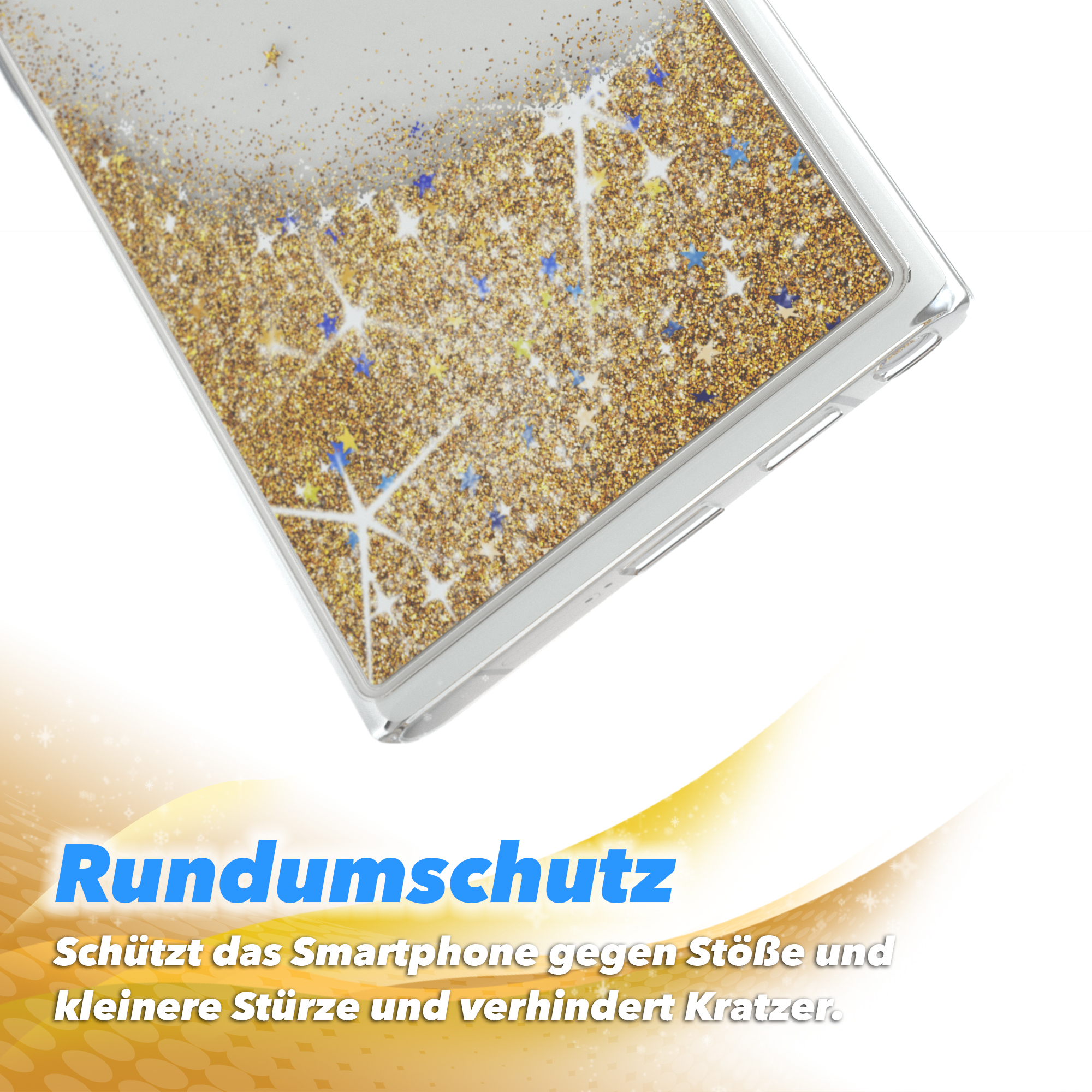 Transparente Handyhülle. Goldglitzer und blaue Sterne sind im Inneren auf weißem Hintergrund sichtbar.