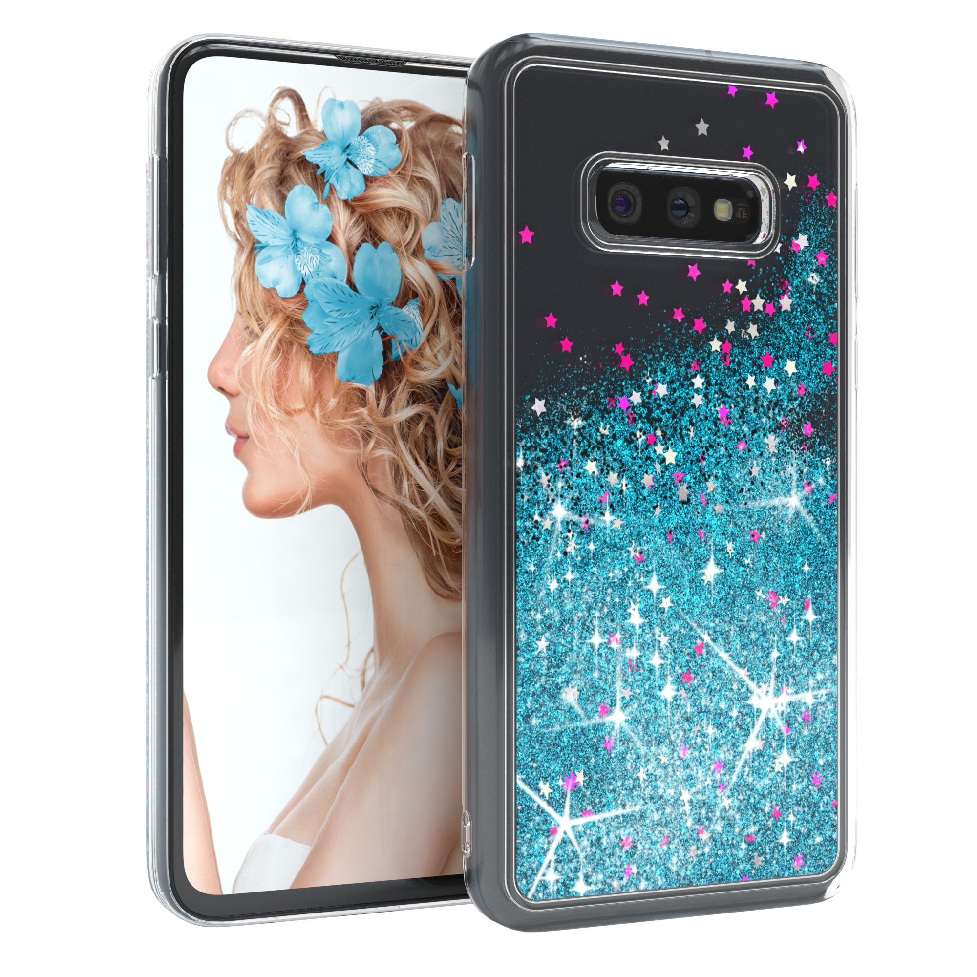 Transparente Handyhülle mit schwarzem Rand. Blaue Glitzersterne auf der Rückseite. Eine Frau mit blauen Blumen im Haar.