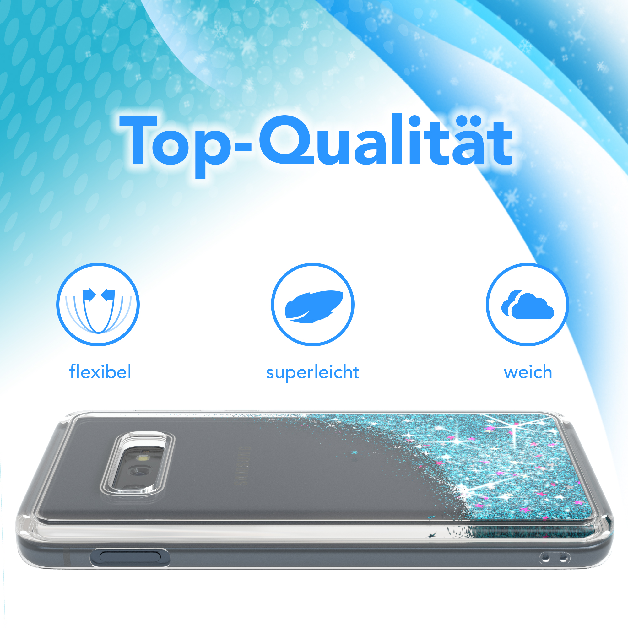 Eine Handyhülle mit blauem Glitzer. Text: Top-Qualität, flexibel, superleicht, weich.