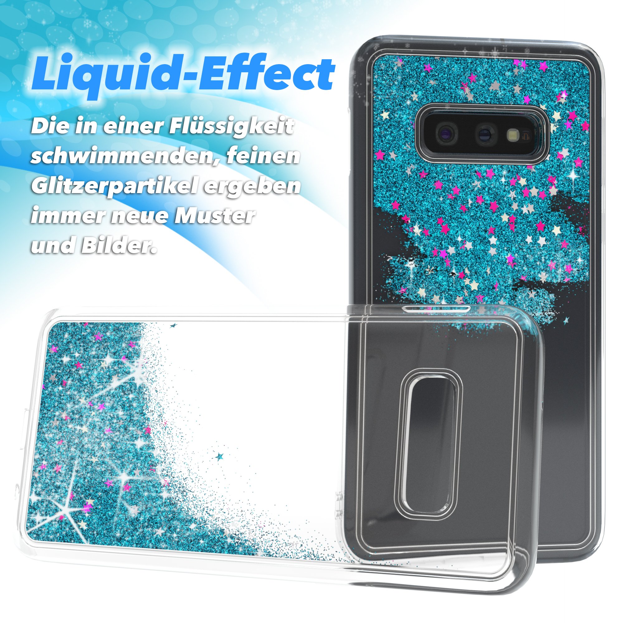 Transparente Handyhüllen mit blauem Glitzer und Sternen. Text auf Deutsch: Flüssigkeitseffekt, Neue Muster und Bilder.