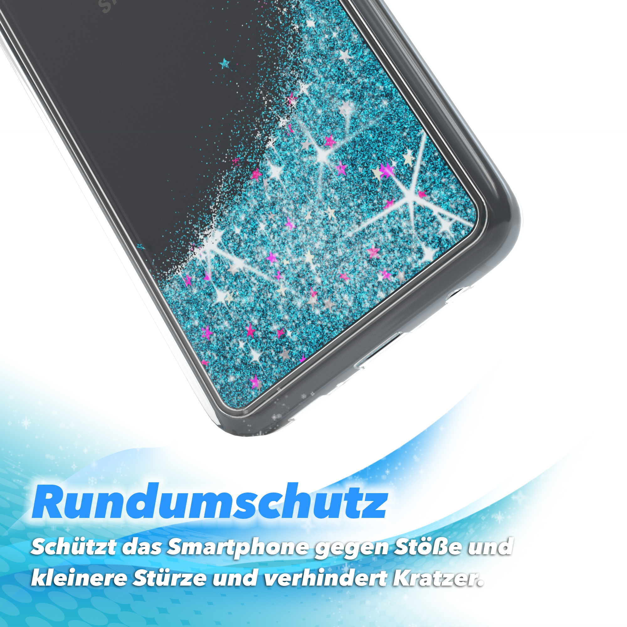 Nahaufnahme einer Handyhülle mit blauem Glitzerdesign. 'Rundumschutz'-Text unten.