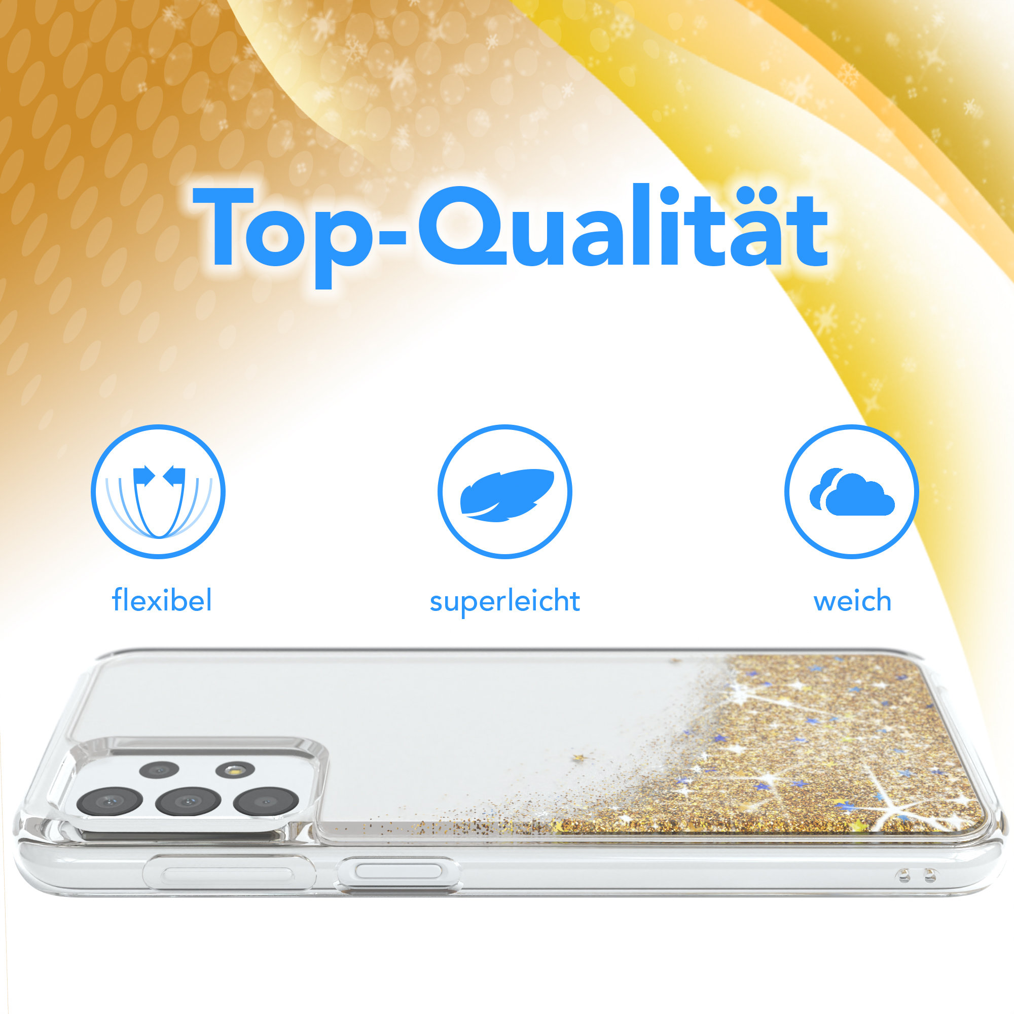 Eine Handyhülle mit goldenem Glitzer auf weißem Hintergrund. Drei Icons zeigen Flexibilität, Leichtigkeit und Weichheit.