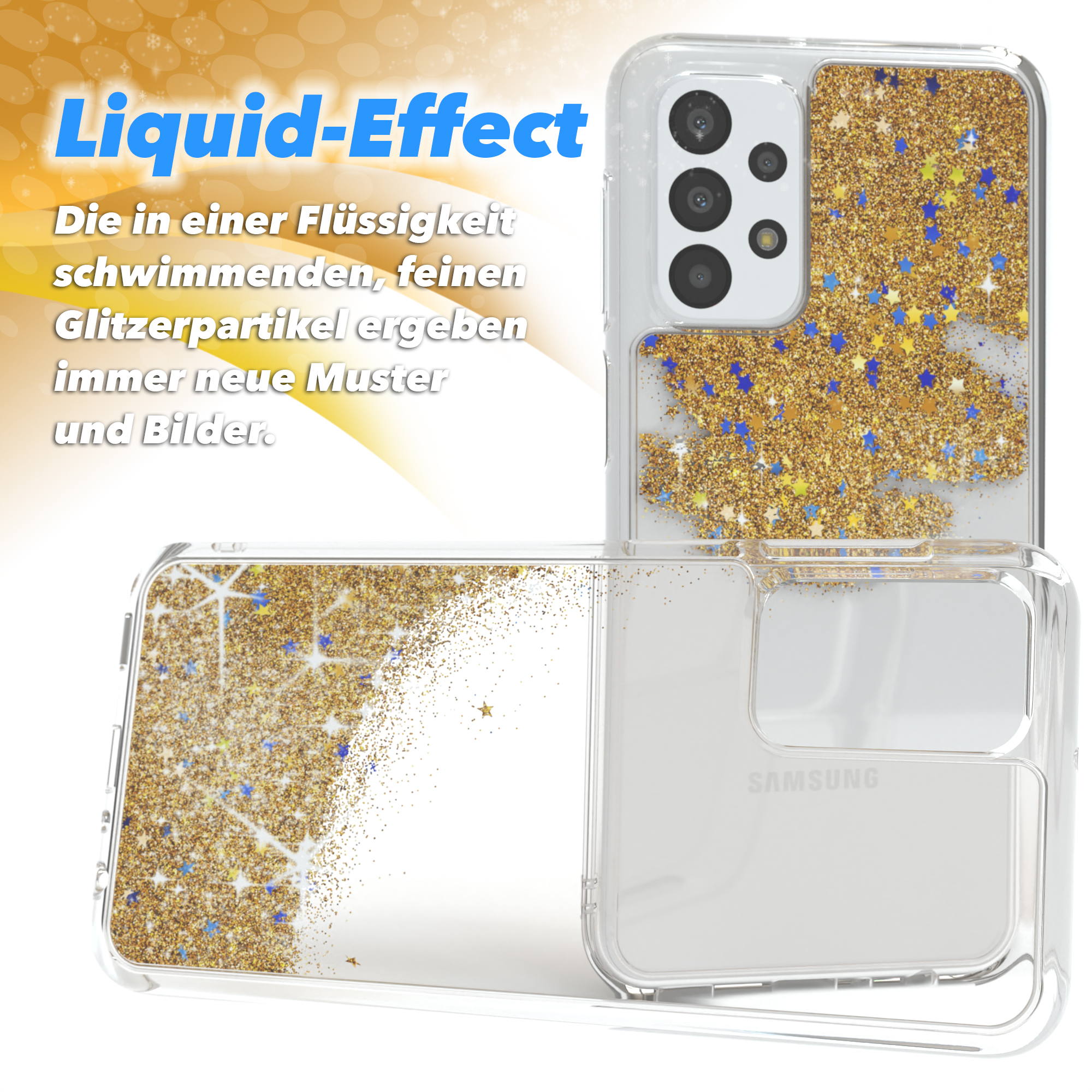 Handyhülle mit Goldglitzer und Sternen, Flüssigkeitseffekt.