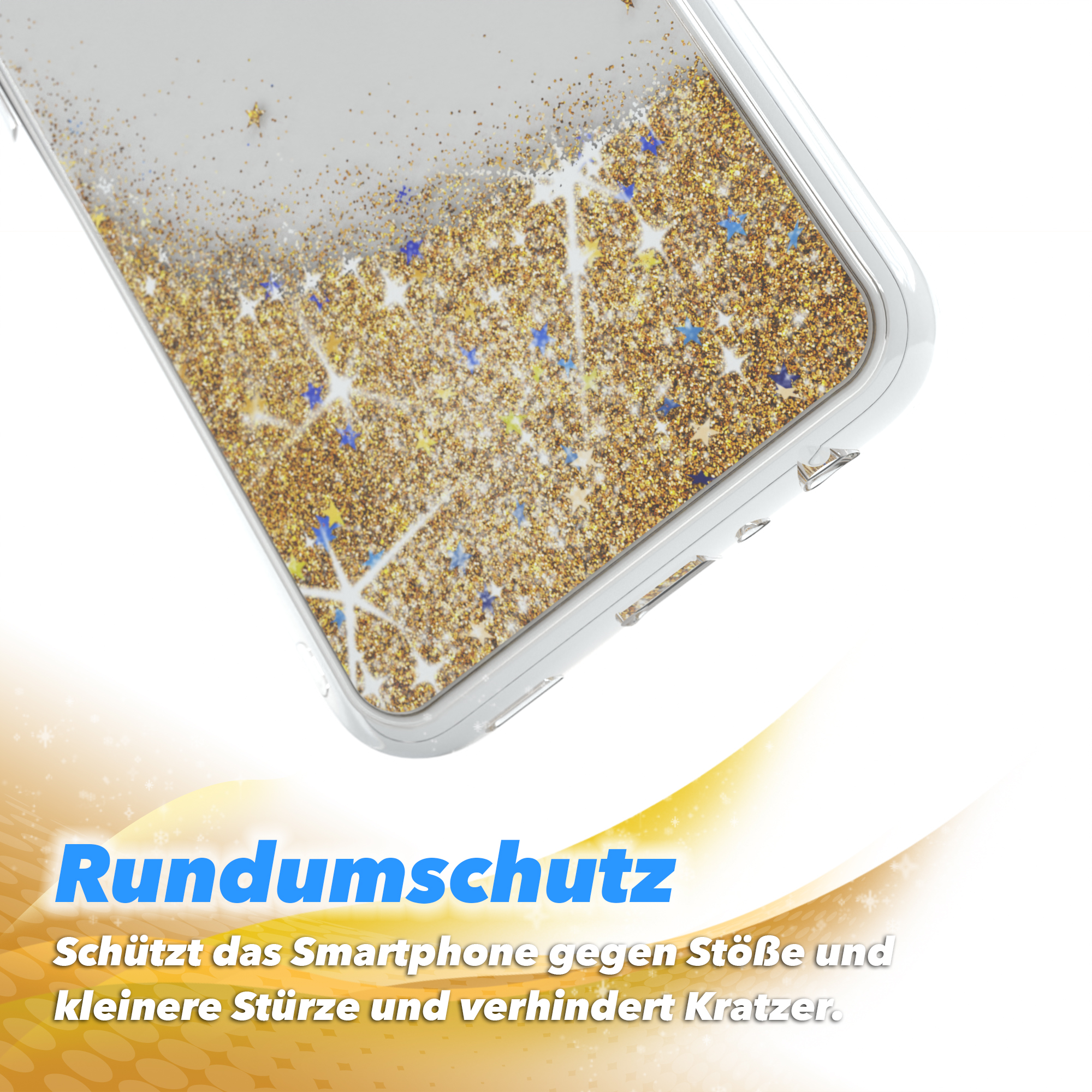 Handyhülle mit goldenem Glitzer und blauen Sternen. Text lautet 'Rundumschutz' und eine Beschreibung des Schutzes.