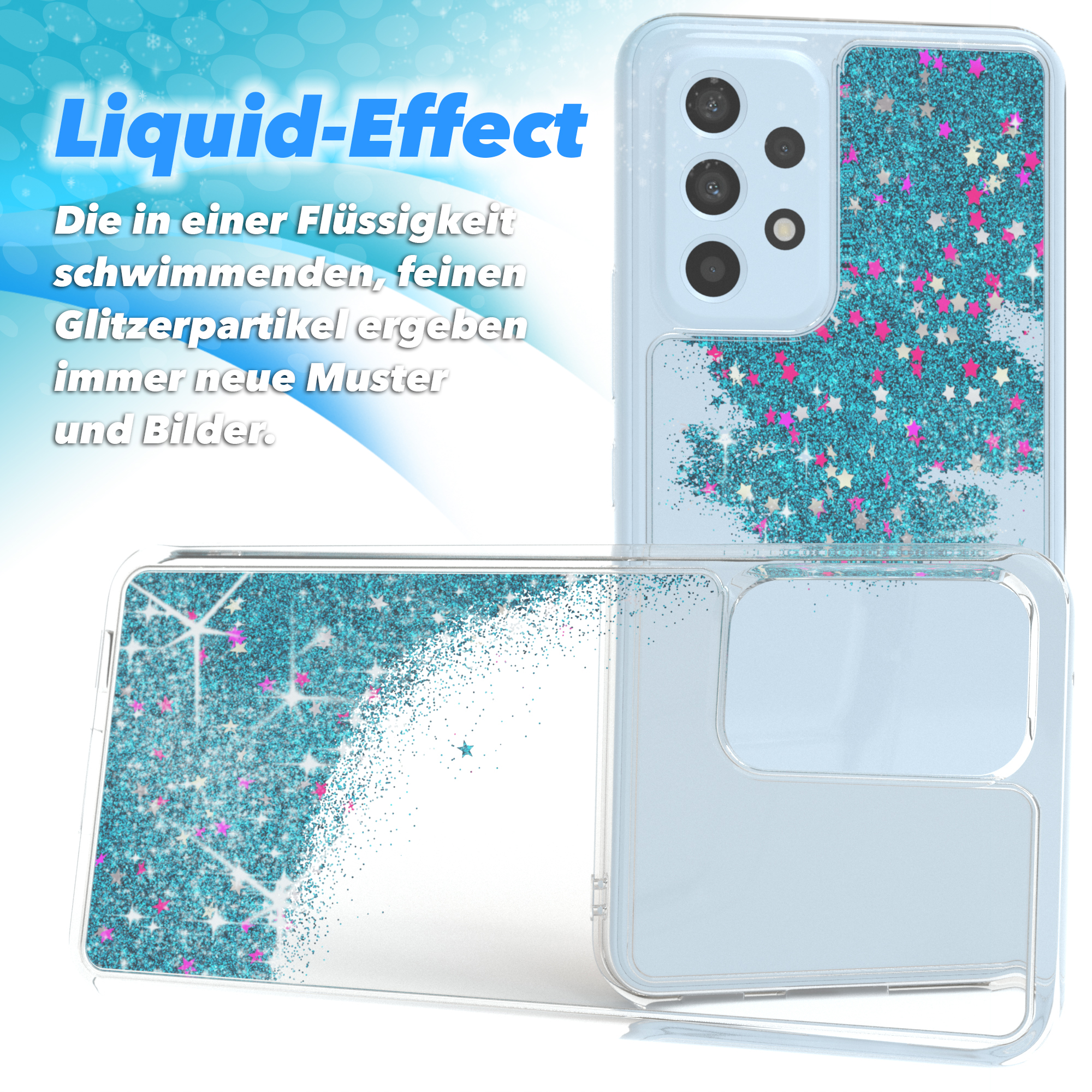 Handyhülle mit blauem Glitzer und Sternen, mit dem Text 'Liquid-Effect'.