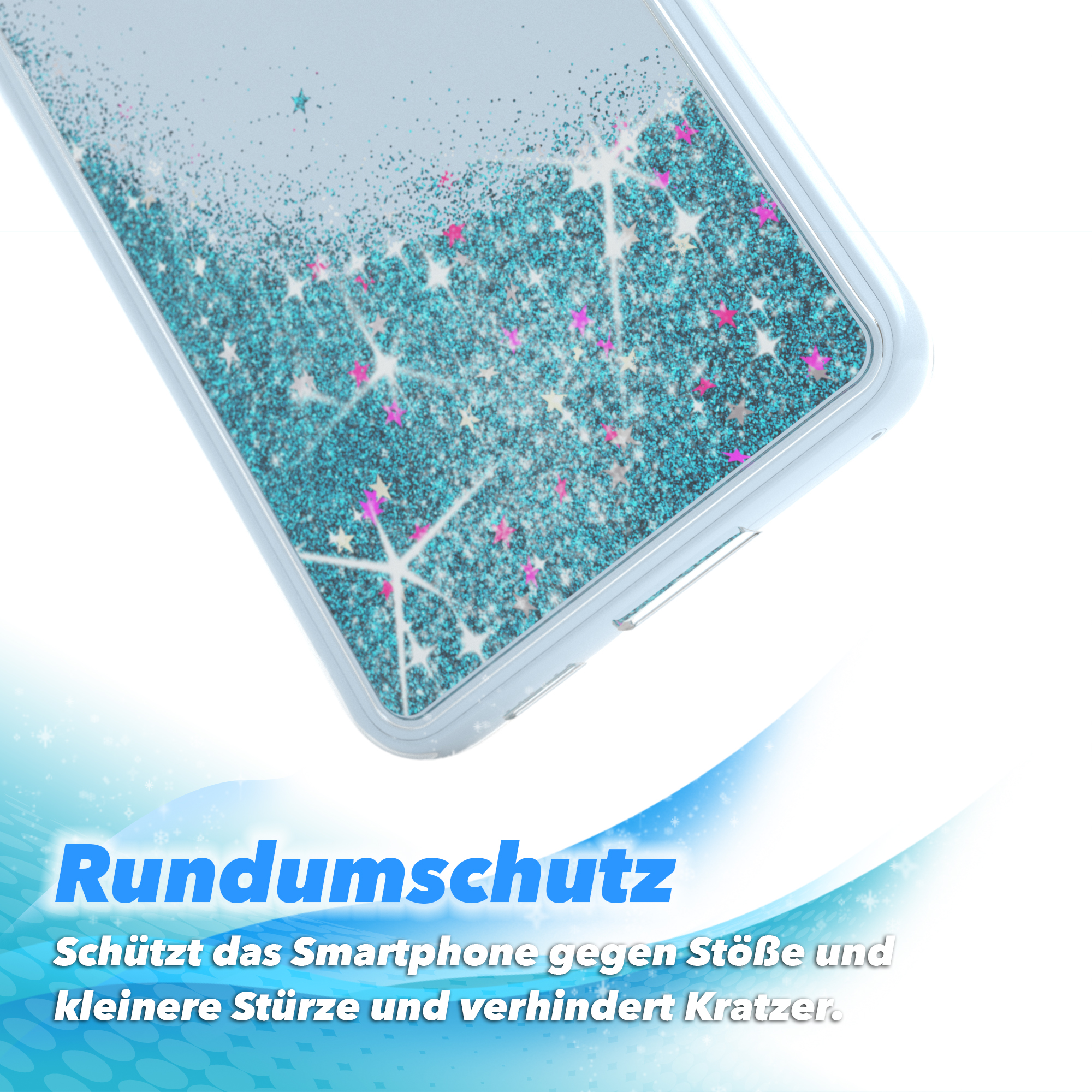 Transparente Handyhülle mit blauem Glitzer und rosa Sternen.