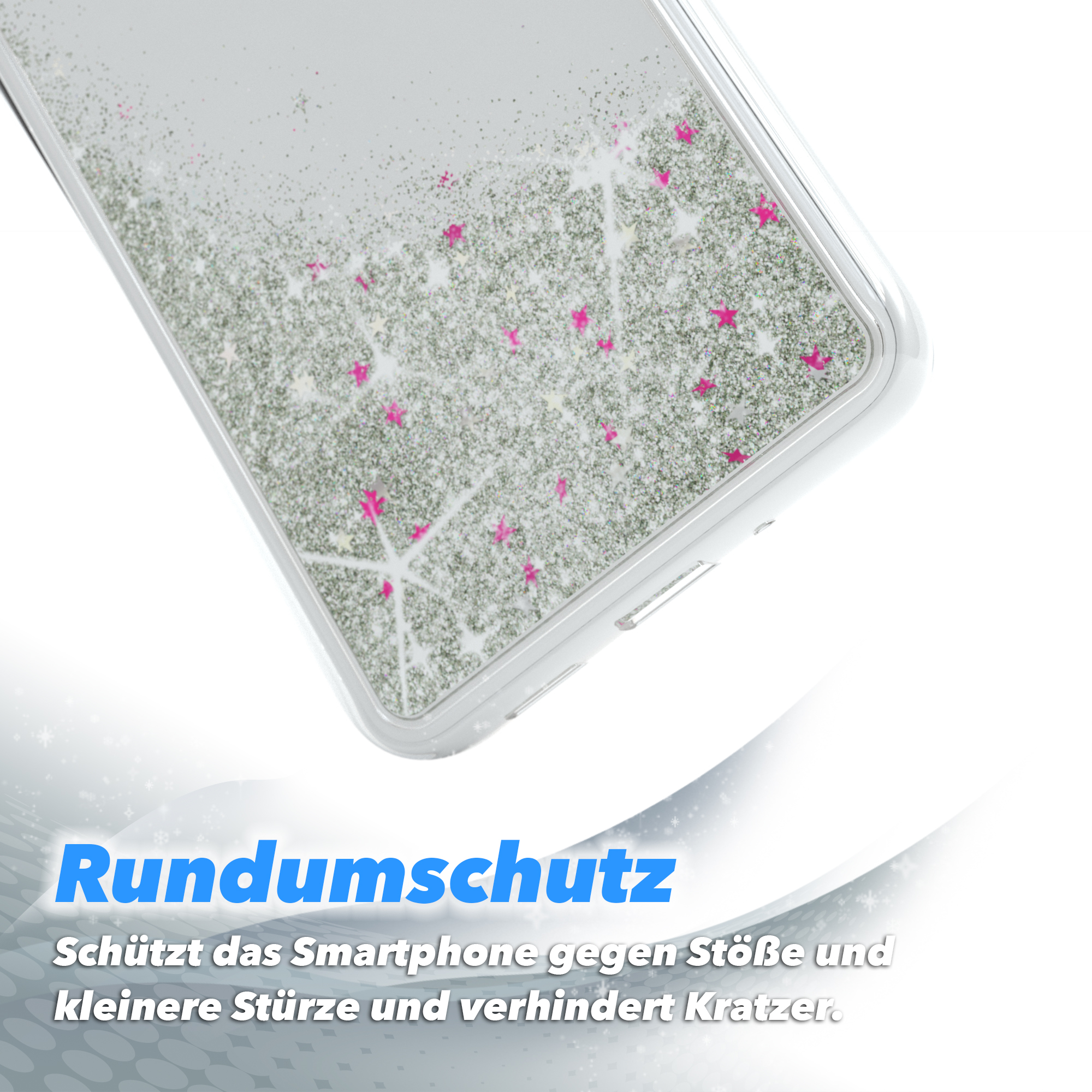 Transparente Handyhülle mit Glitzer. Text: Rundumschutz. Schützt vor Stößen und Kratzern.