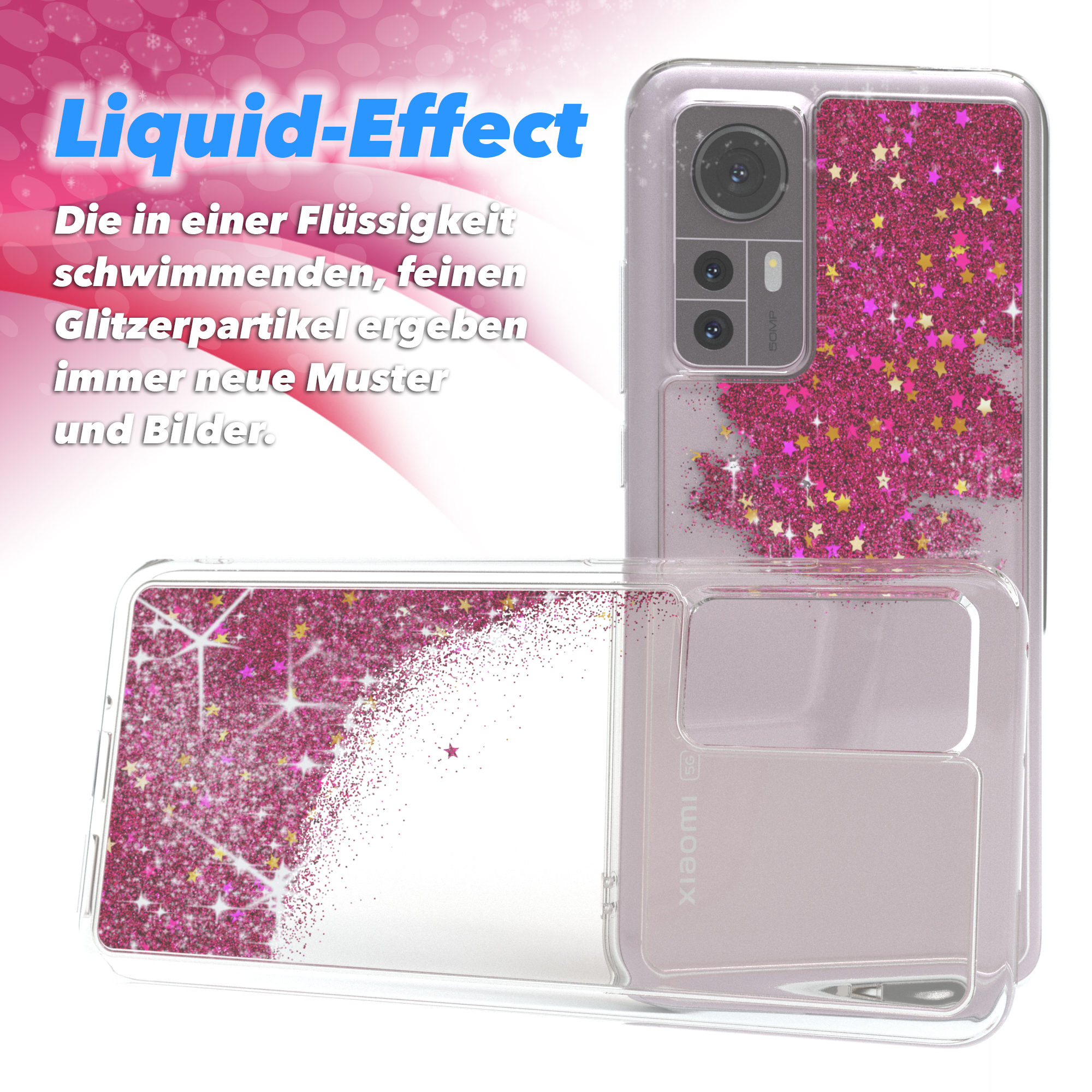 Handyhülle mit pinkfarbenem Glitzer- und Sterndesign. Der Flüssigkeitseffekt erzeugt schimmernde Muster.