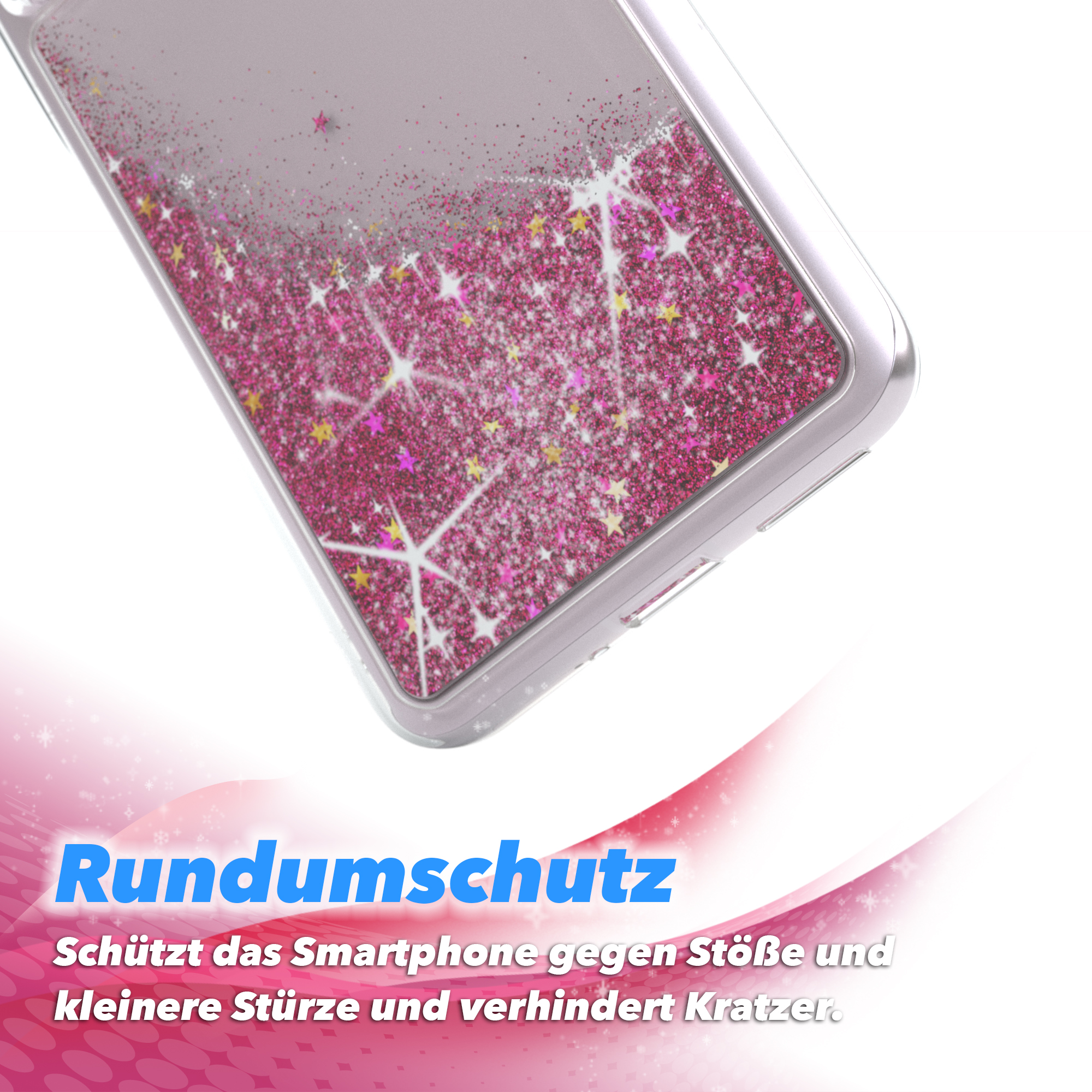 Transparente Handyhülle mit pinkfarbenem Glitzer. Schutzhülle für Mobiltelefone.