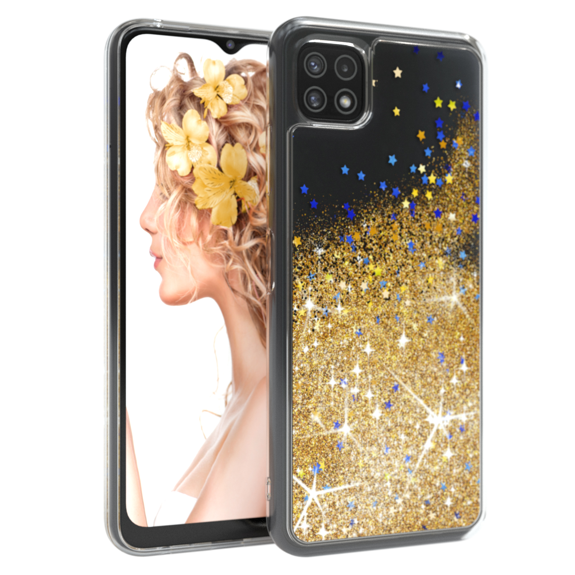 Handyhülle mit Goldglitzer und blauen Sternen. Telefon zeigt Frau mit gelben Blumen im Haar.