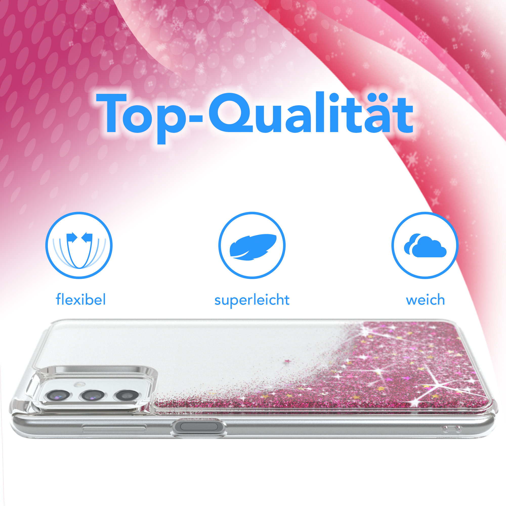 Eine Handyhülle mit rosa Glitzer. Der Text 'Top-Qualität' und Symbole für flexibel, superleicht und weich.