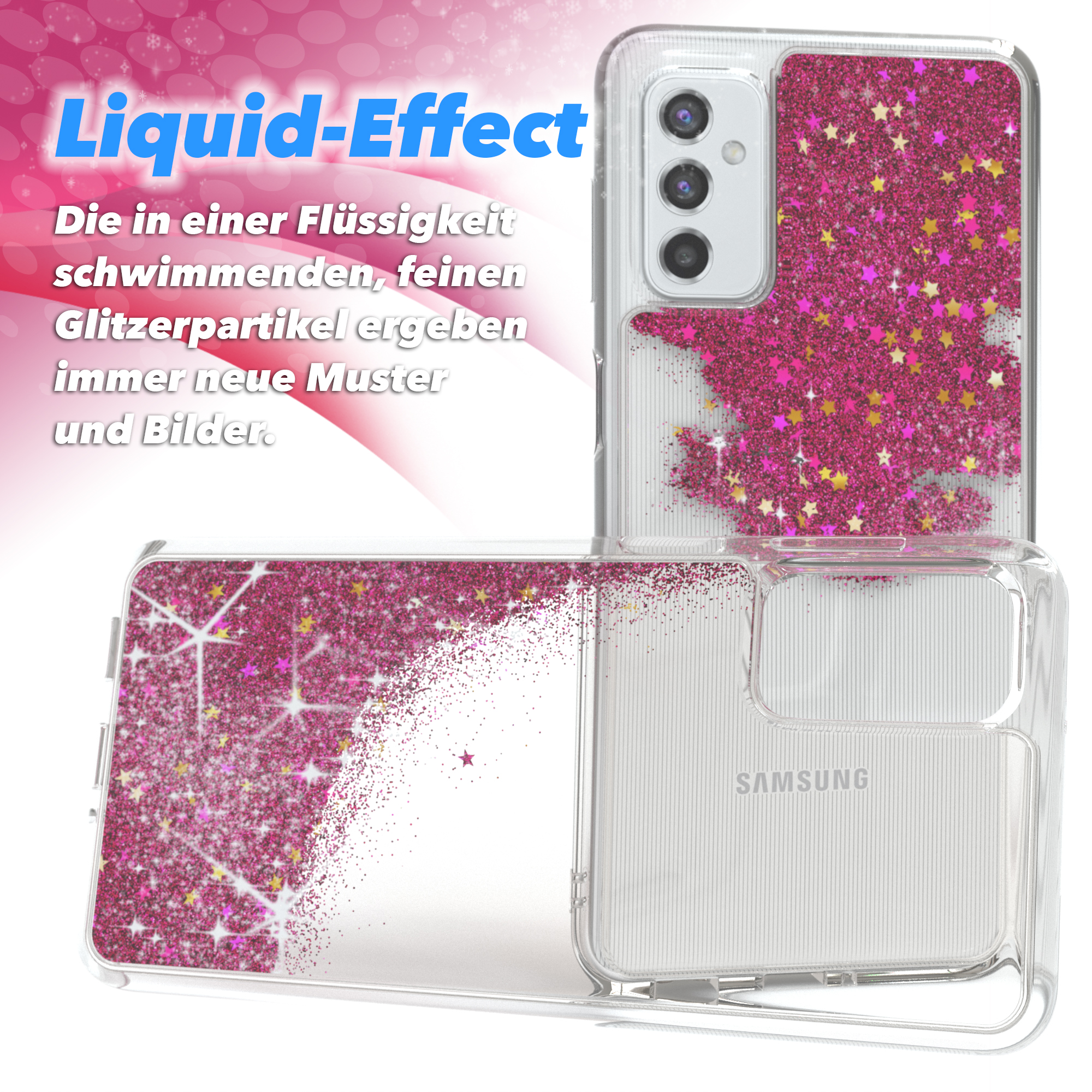Transparente Handyhüllen mit pinkem Glitzer. Der Glitzer bewegt sich wie Flüssigkeit. Das Telefon ist ein Samsung.