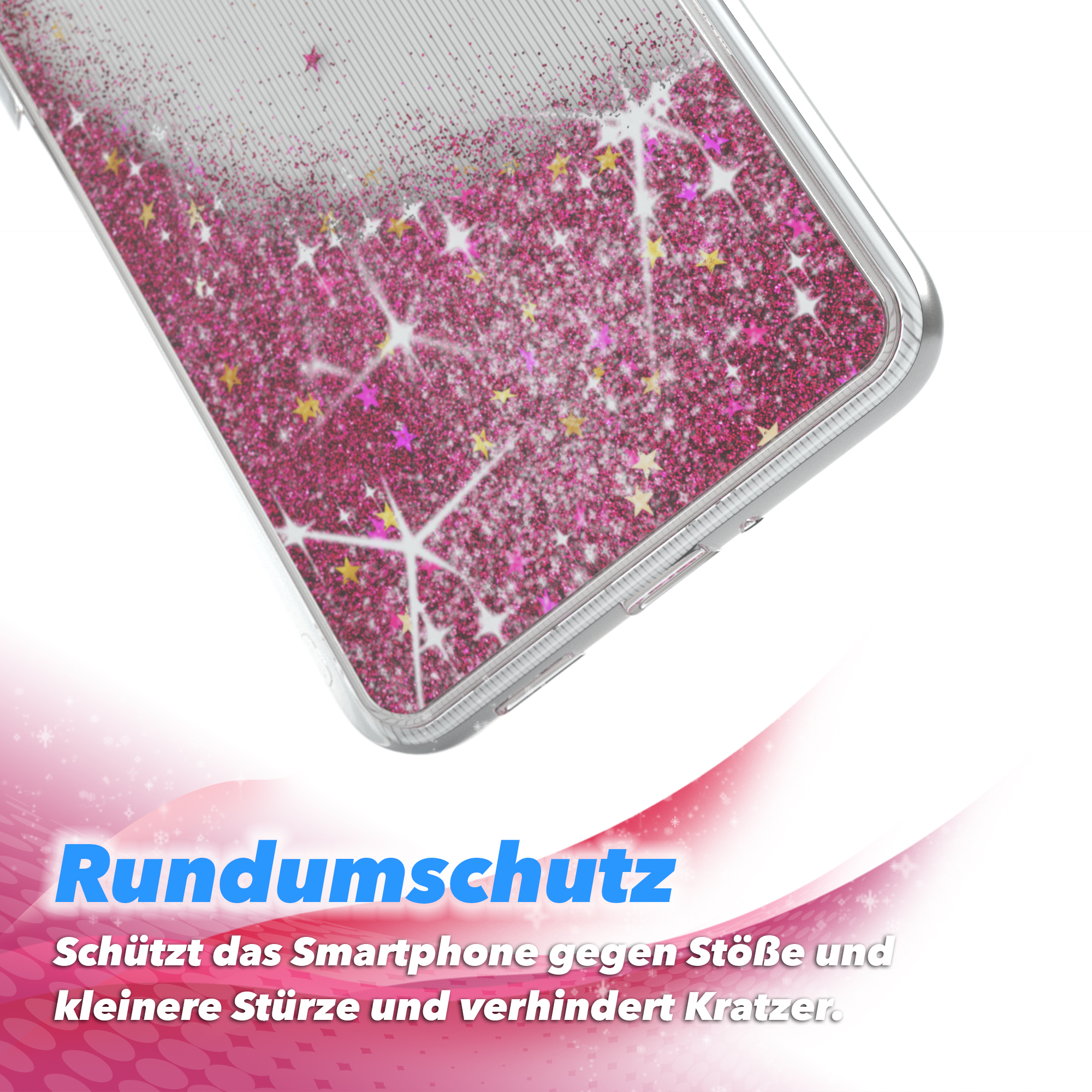 Nahaufnahme einer Handyhülle mit Glitzer. Die Hülle schützt das Telefon.