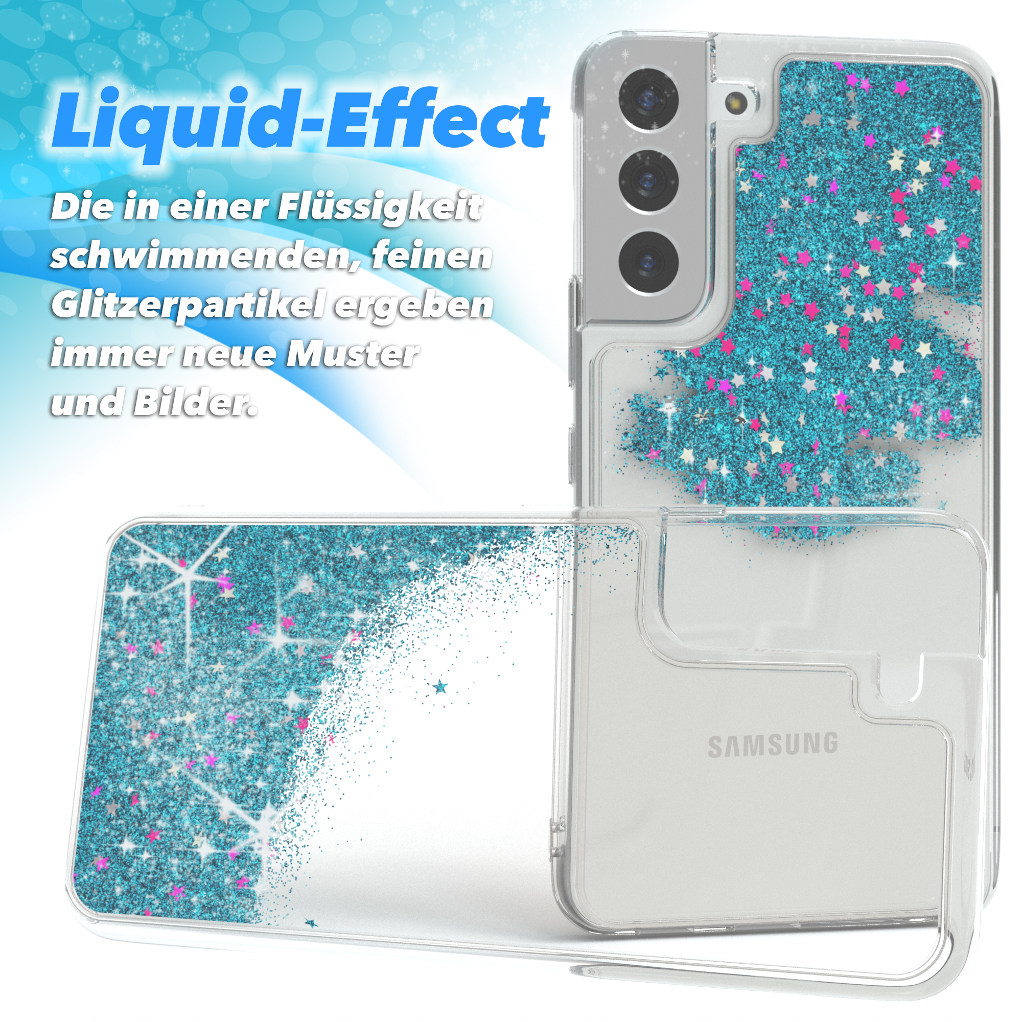 CASE S22 Flüssig, Blau Glitzerhülle Samsung, EAZY Backcover, Plus 5G, Galaxy