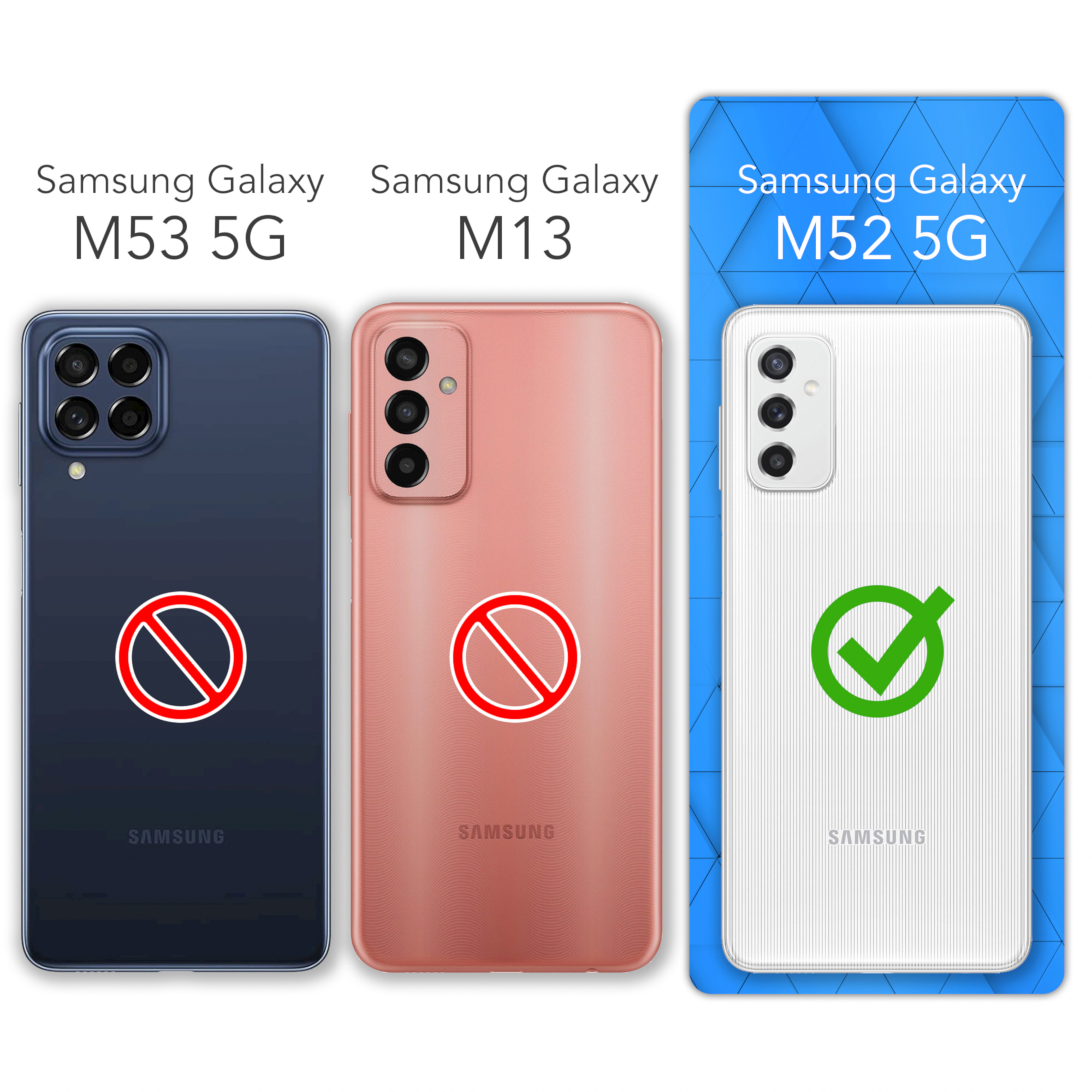 Drei Samsung Galaxy-Telefone. M52 5G ist kompatibel, M53 5G und M13 nicht. Logos, Text und Telefonbilder werden angezeigt.