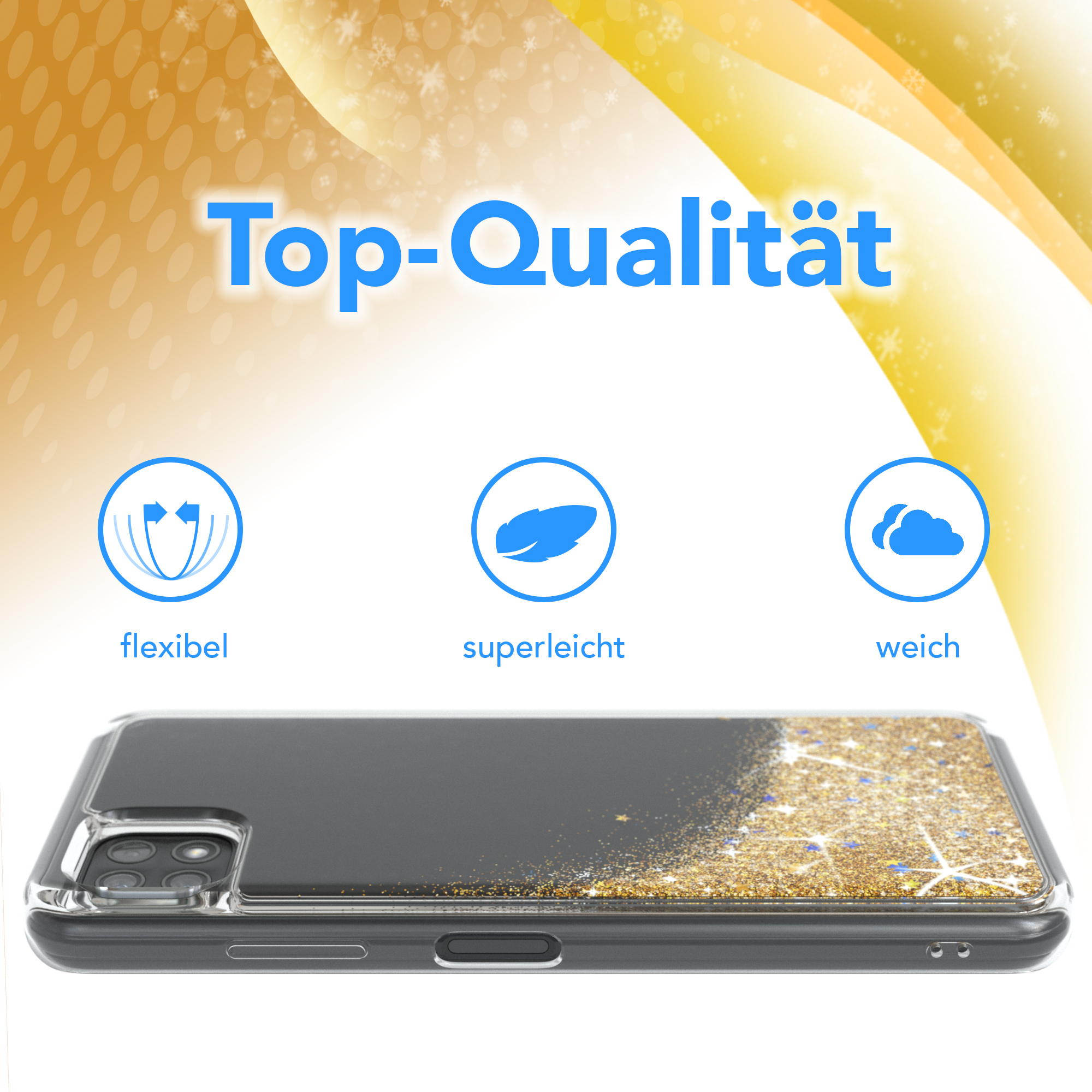 Handyhülle mit Sterndesign. Flexibel, superleicht und weich. Text 'Top-Qualität'