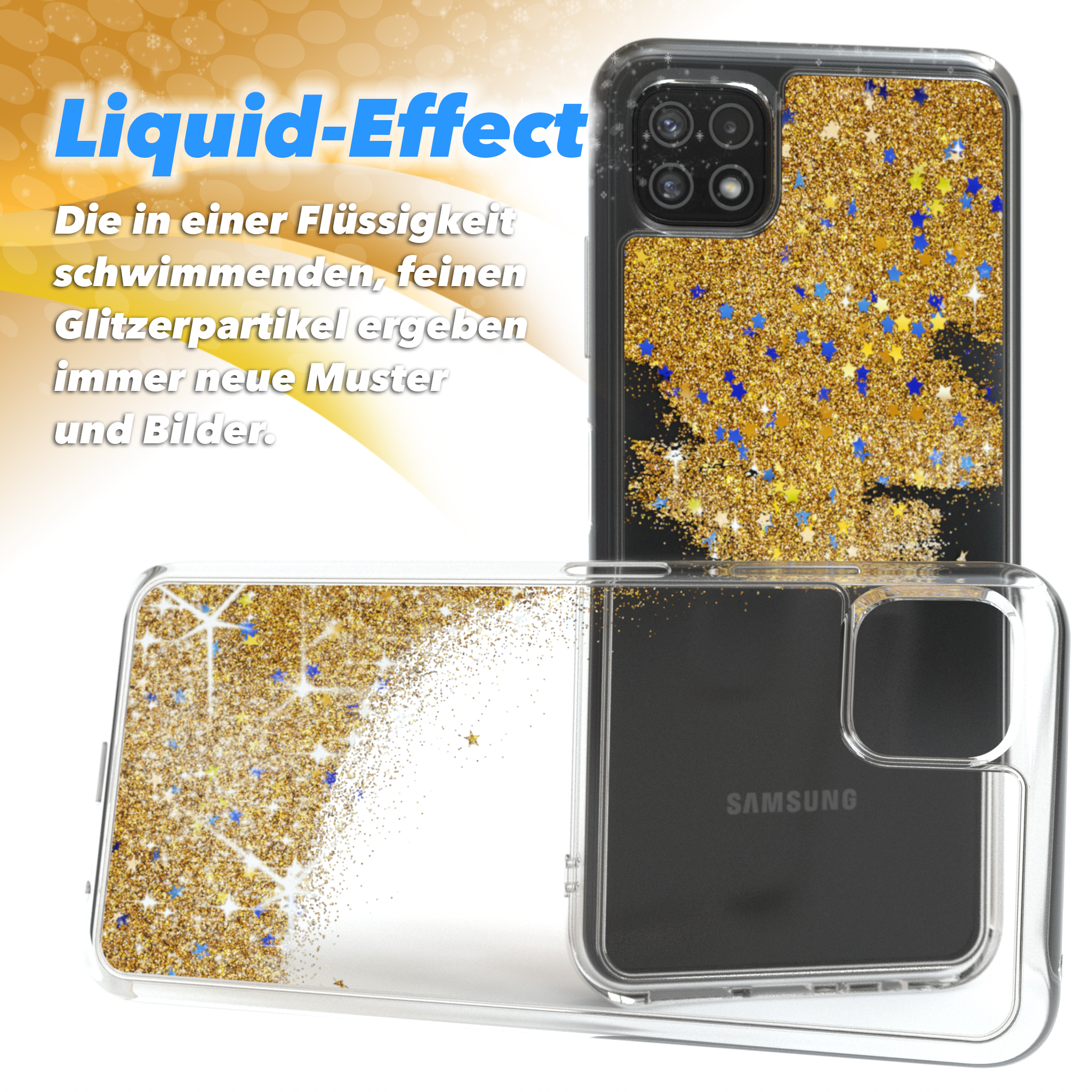 Telefon in einer Glitzerhülle. Eine zweite Hülle wird angezeigt.