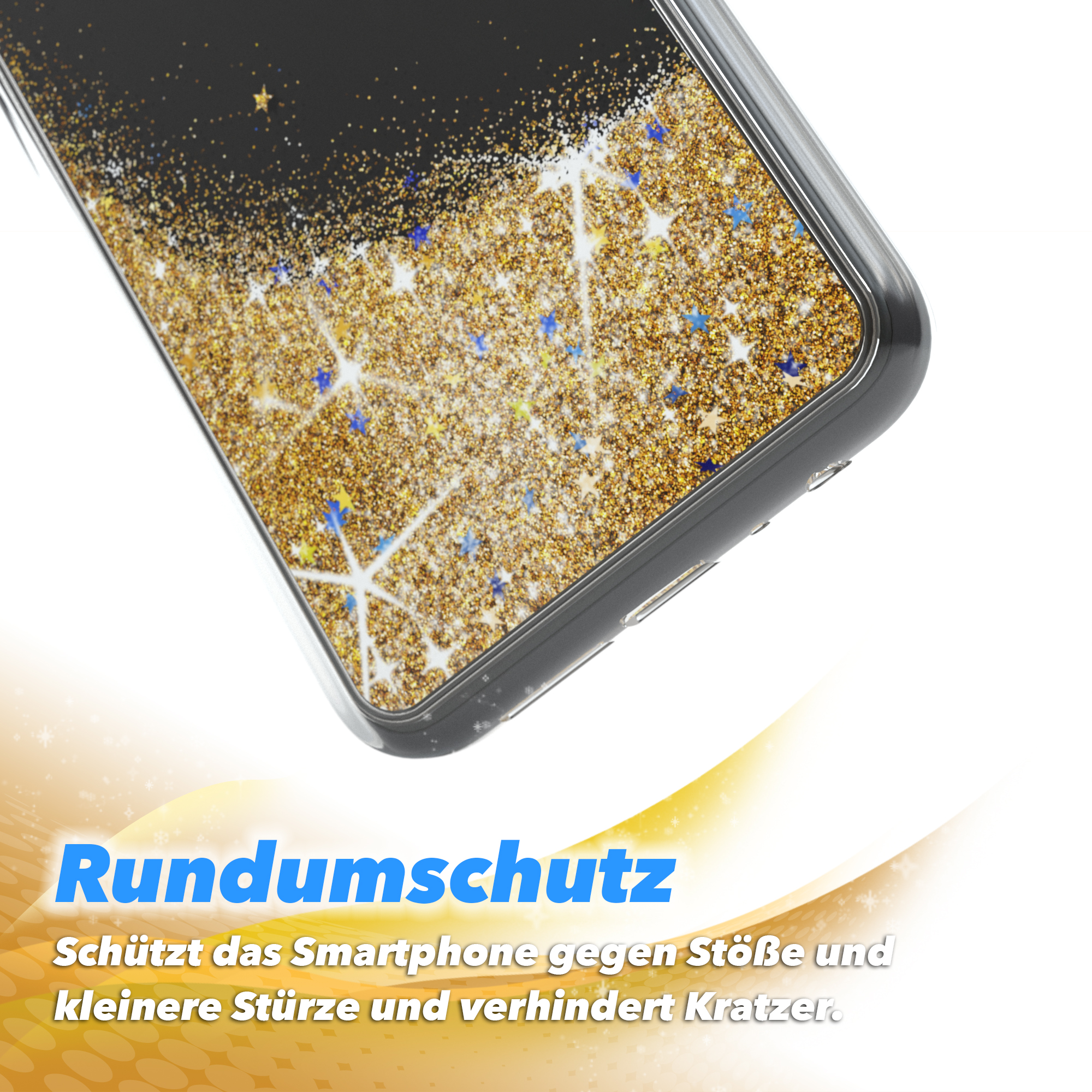 Handyhülle mit goldenem Glitzer, Sternen und schwarzen Rändern.