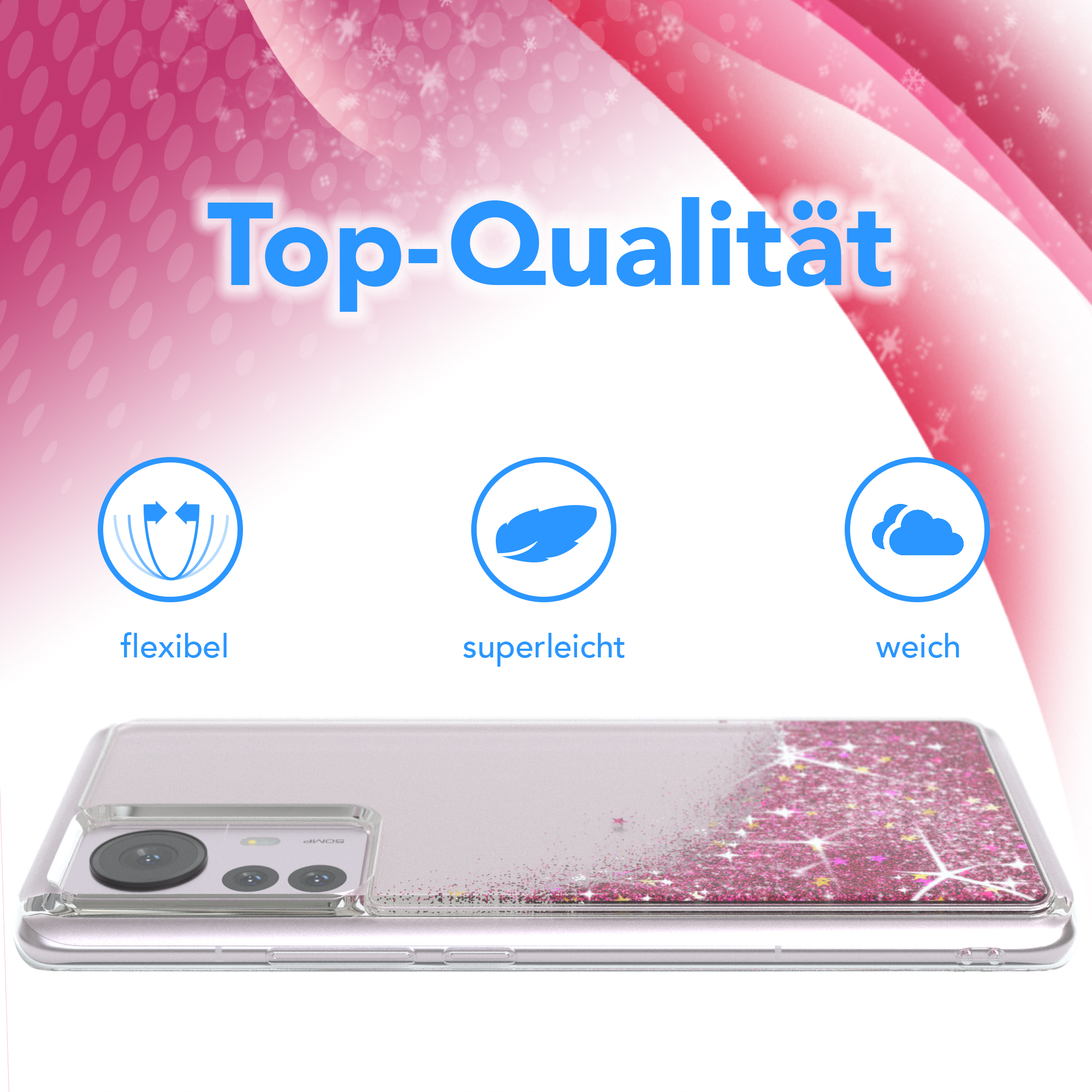 Handyhülle mit pinkfarbenem Glitzer und Sternen oben, darüber der Text 'Top-Qualität'.