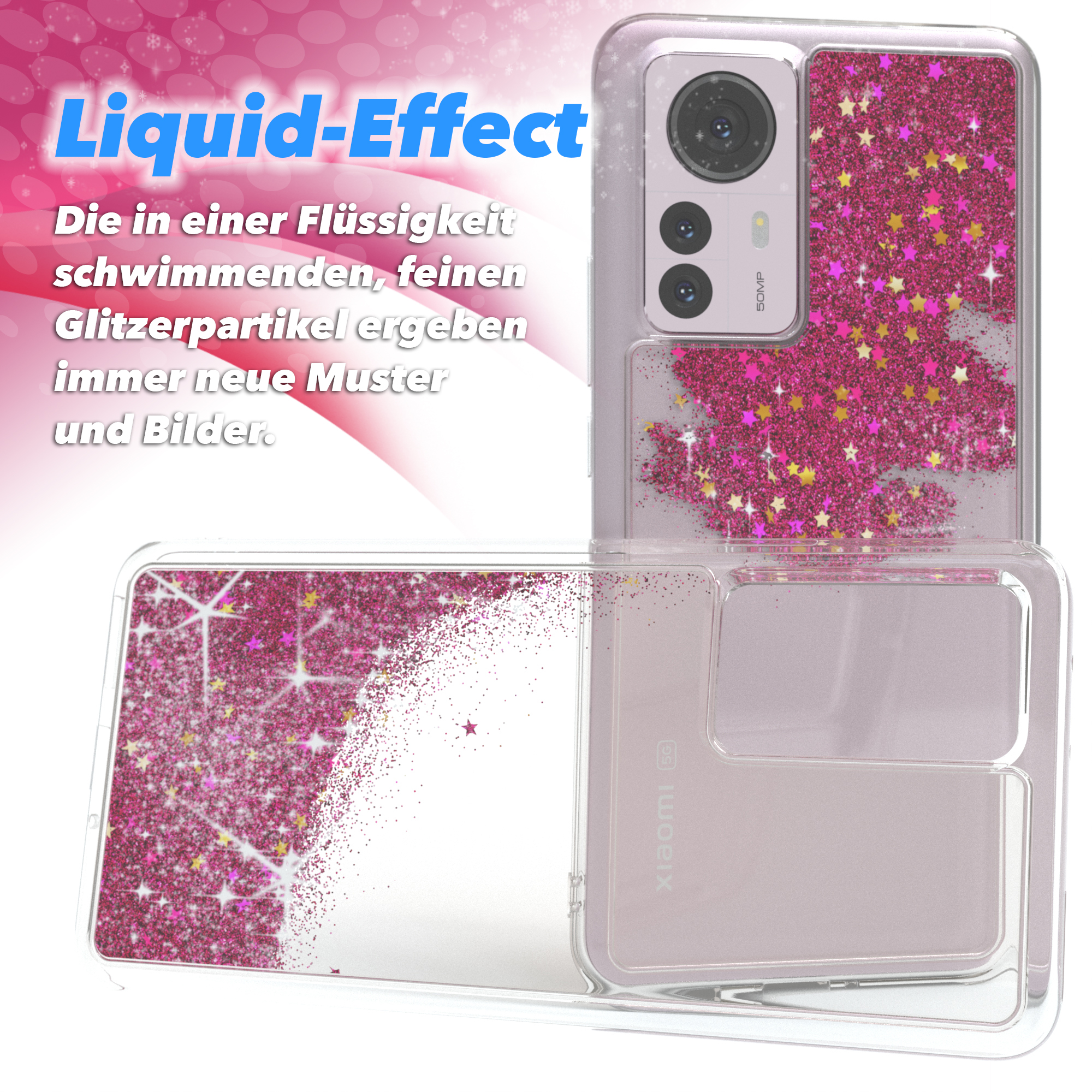 Eine Handyhülle mit rosa Glitzersternen auf weißem und transparentem Hintergrund.