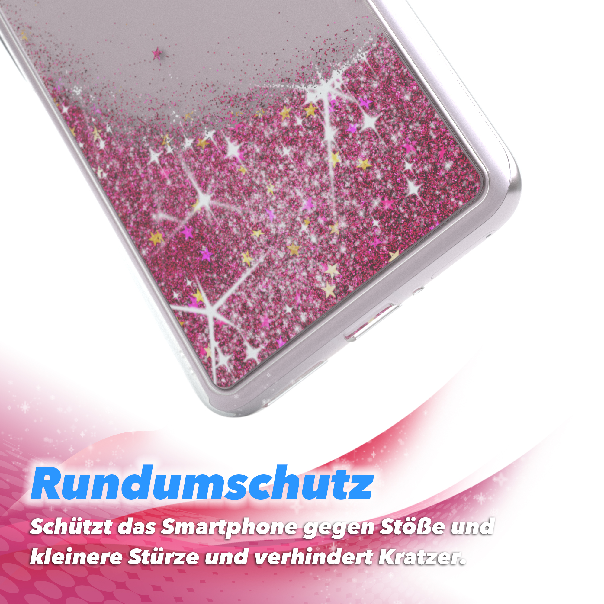 Handyhülle mit rosa Glitzer und Sternen. Text: Rundumschutz.