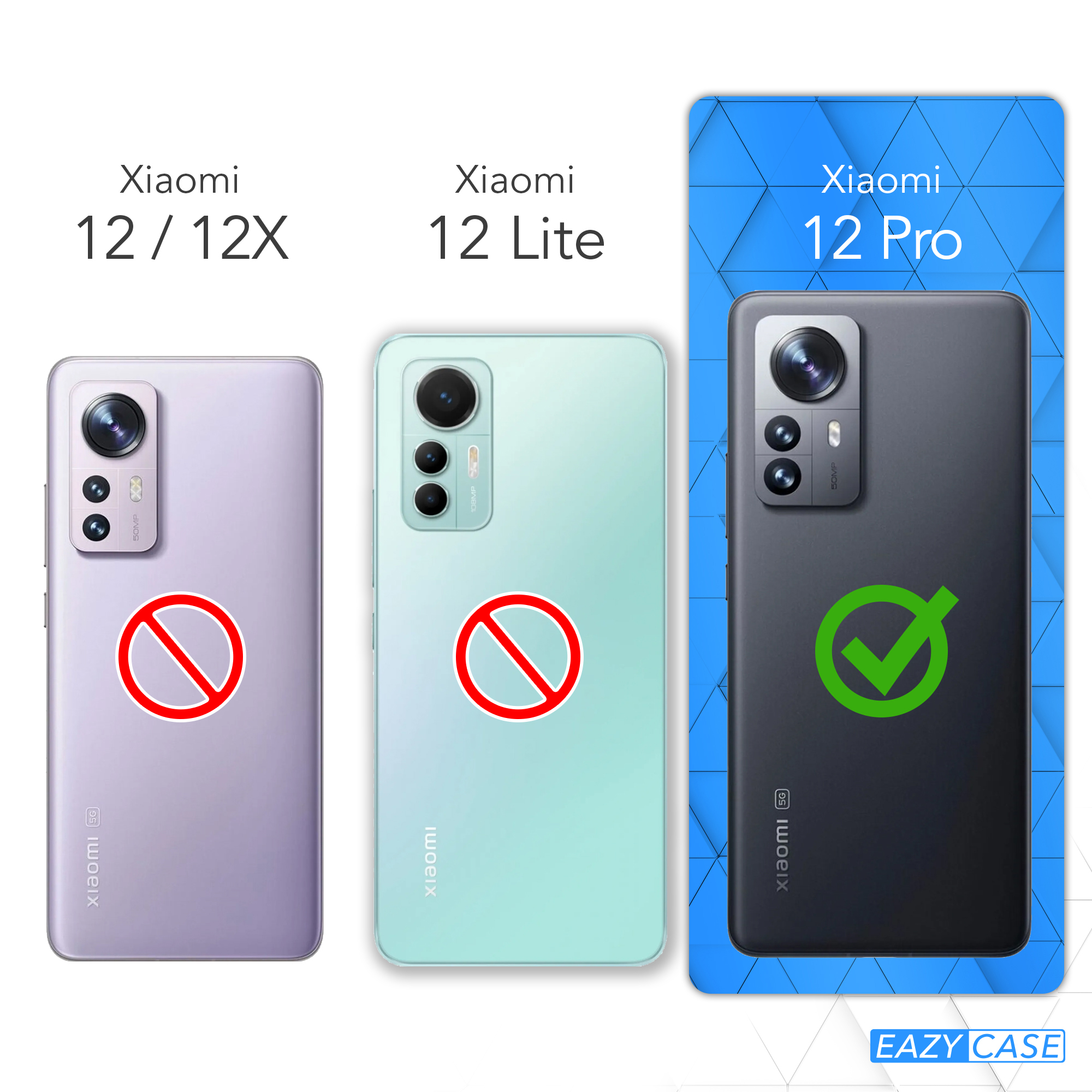 Drei Xiaomi-Telefone: 12/12X, 12 Lite und 12 Pro. Rote Verbotszeichen auf den ersten beiden, ein grünes Häkchen auf dem letzten.