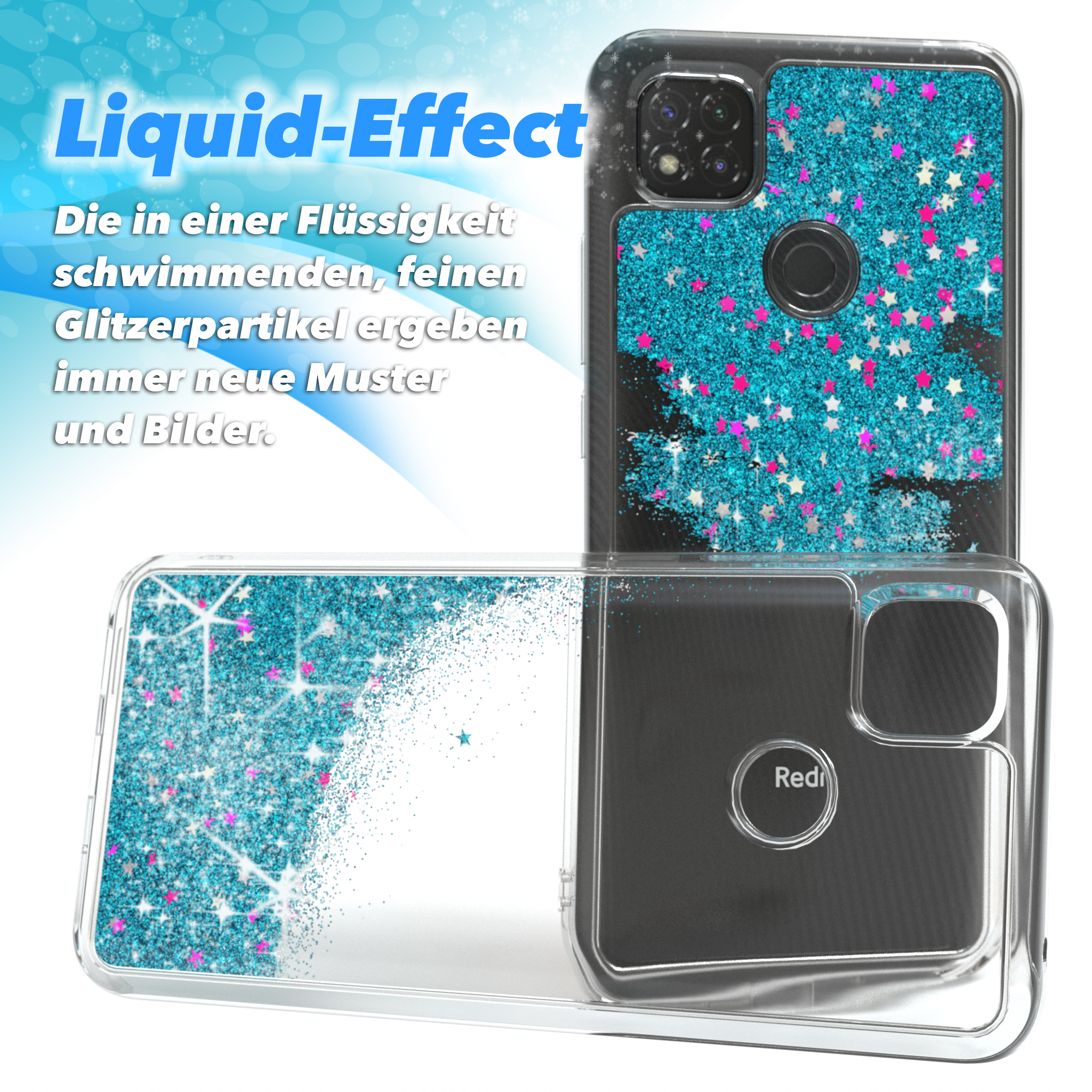 Transparente Handyhülle mit Glitzer. Die Handyhülle ist geöffnet und zeigt Glitzer und Sterne im Inneren.