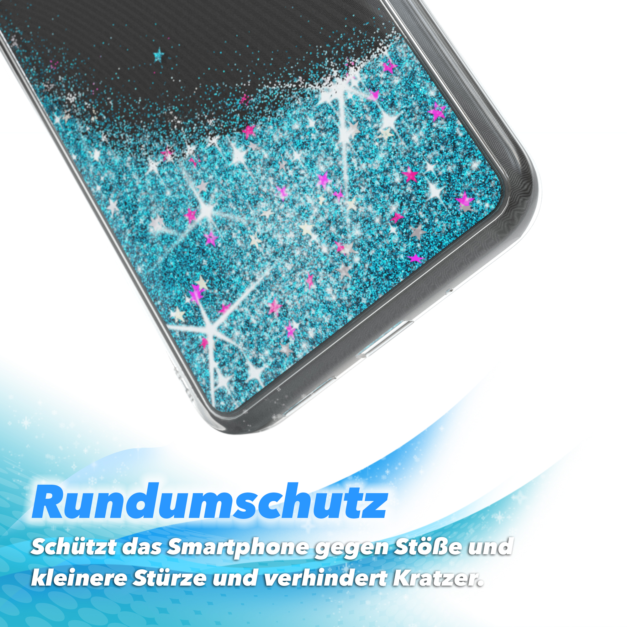 Nahaufnahme einer Handyhülle mit blauem Glitzer auf weißem Hintergrund.