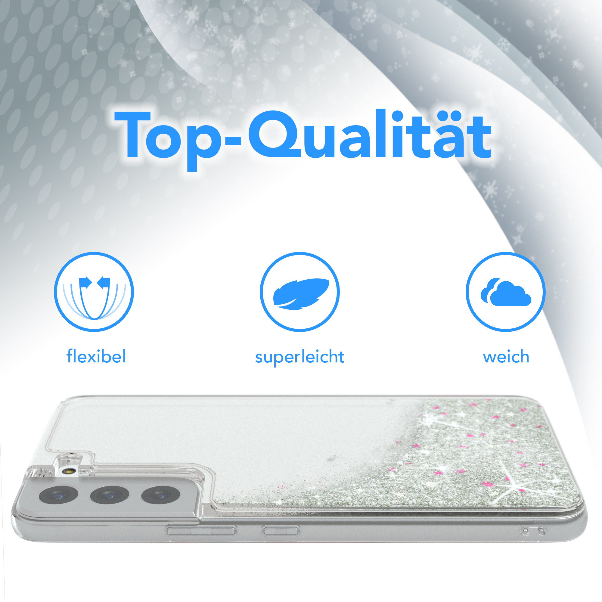 Transparente Handyhülle mit Glitzer. Flexibel, superleicht und weich.