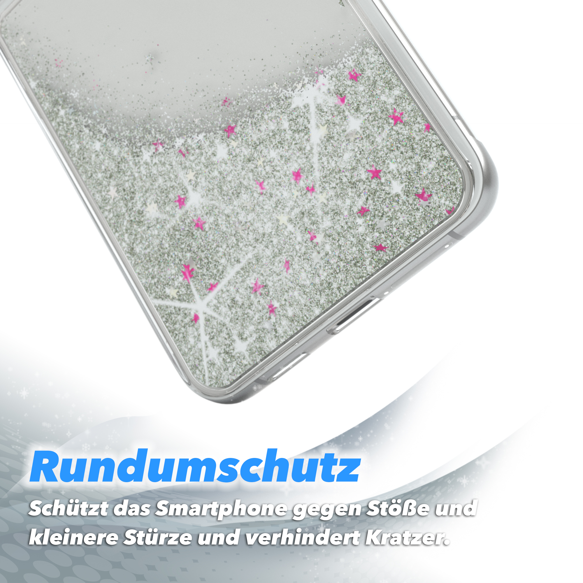 Nahaufnahme eines Telefons in einer Hülle mit Glitzer und rosa Sternen. Text unten im Bild.