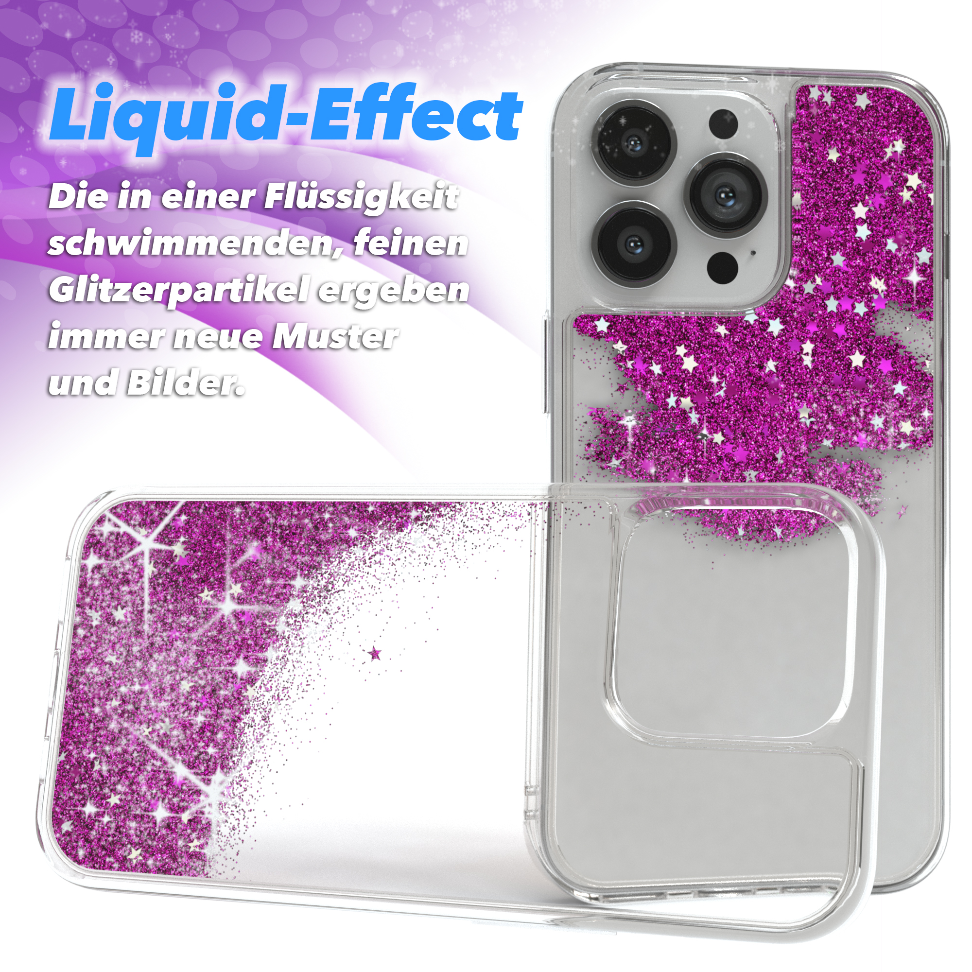 Eine Handyhülle mit pinkfarbenem Glitzer, die einen Flüssigkeitseffekt zeigt.