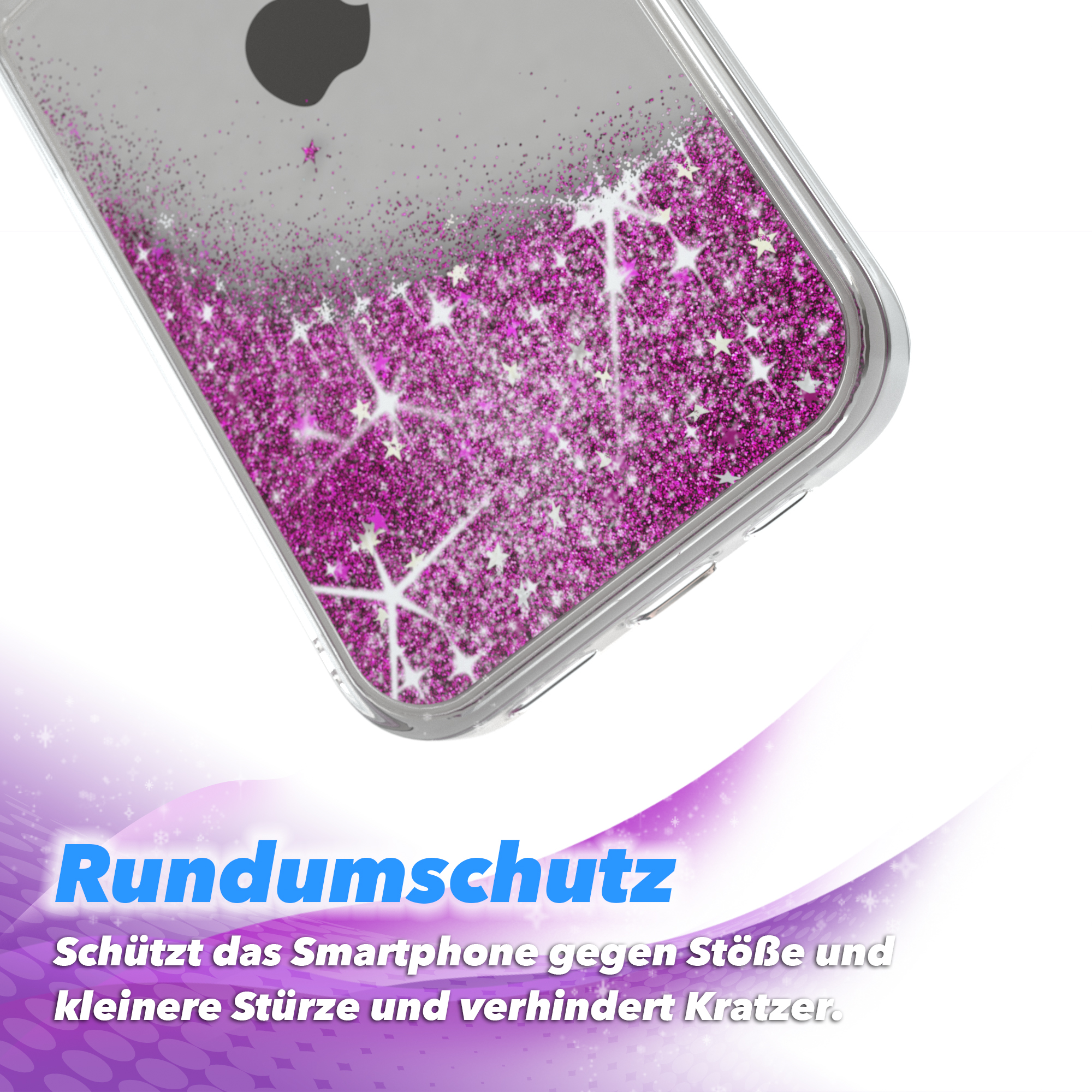 Nahaufnahme der Handyhülle mit lila Glitzer. Schwarzes Telefon. Text: Rundumschutz.