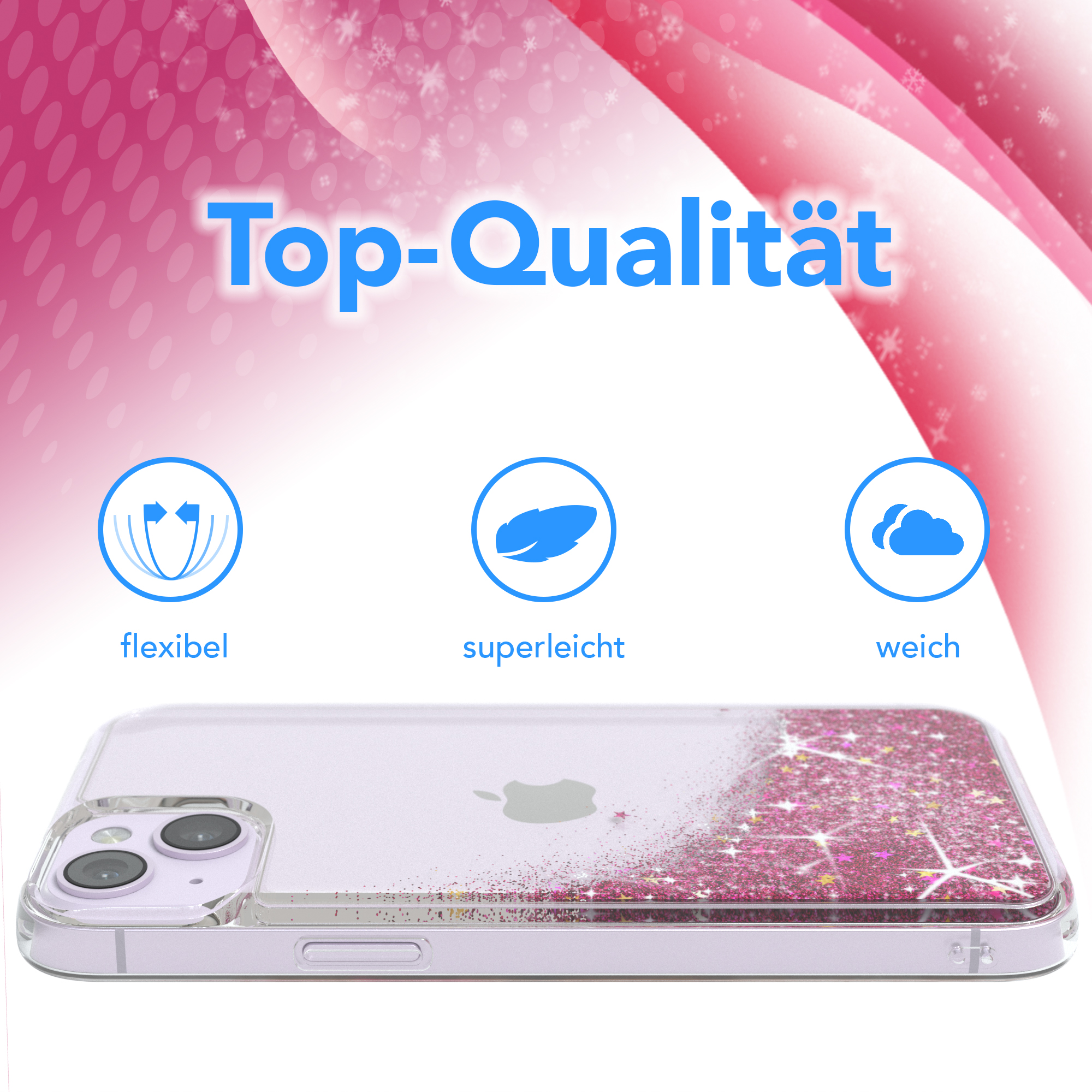 Handyhülle mit pinkfarbenem Glitzer und Sternen, mit Icons für flexibel, leicht und weich.