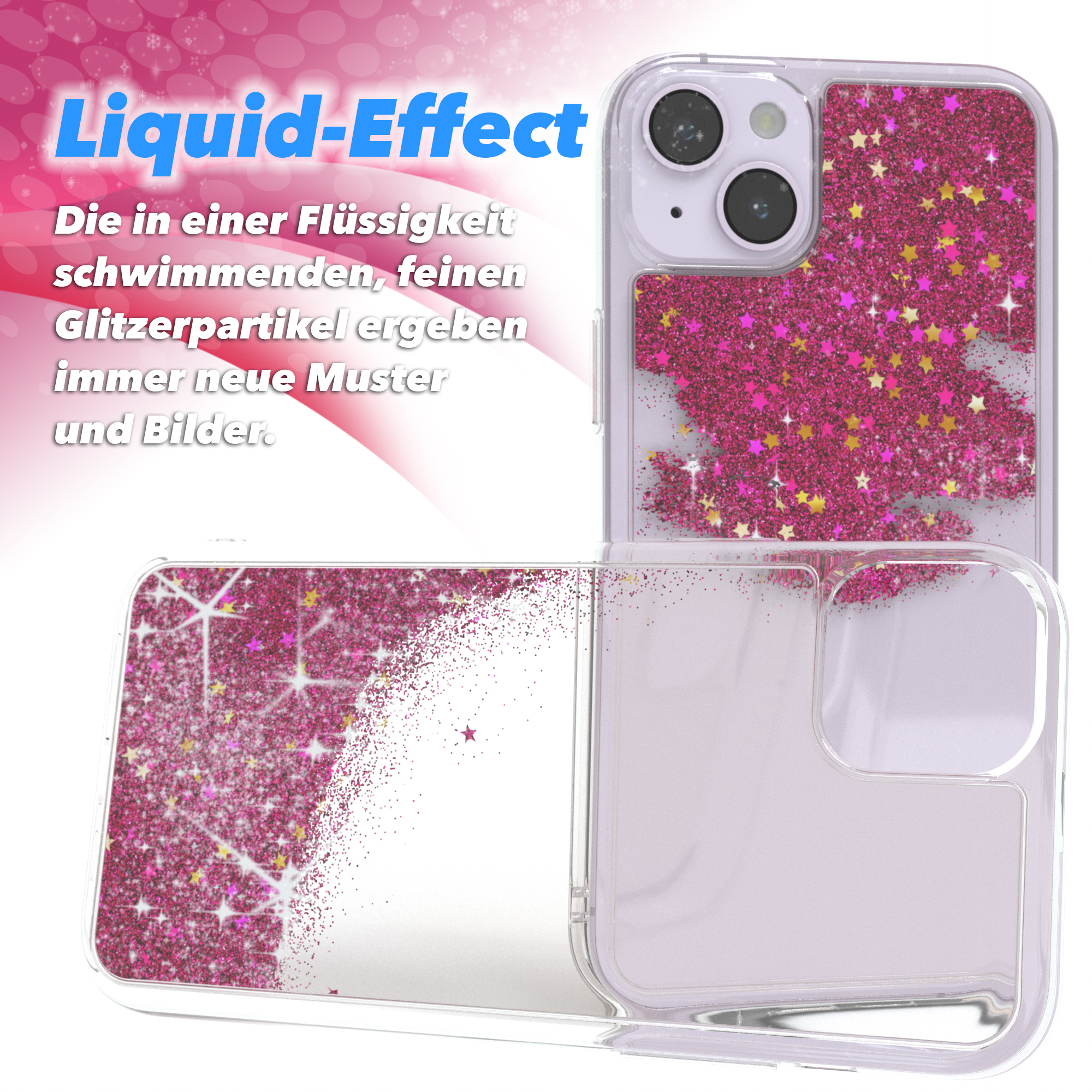 Handyhülle mit Flüssigglitzer. Text: Liquid-Effect, Glitzerpartikel erzeugen neue Muster.