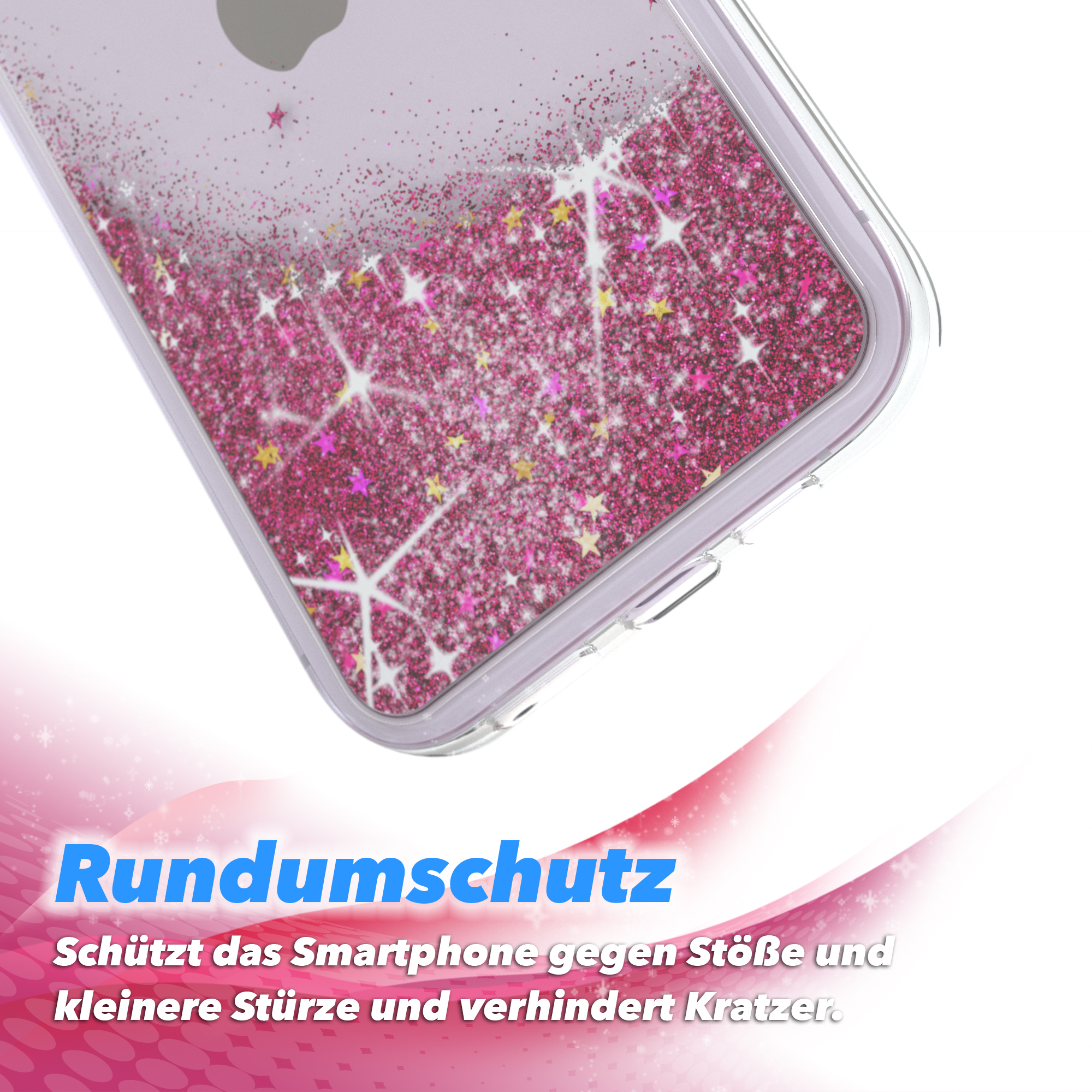 Nahaufnahme einer Handyhülle mit rosa Glitzer und Sternenmuster auf weißem Hintergrund mit rosa Welle.