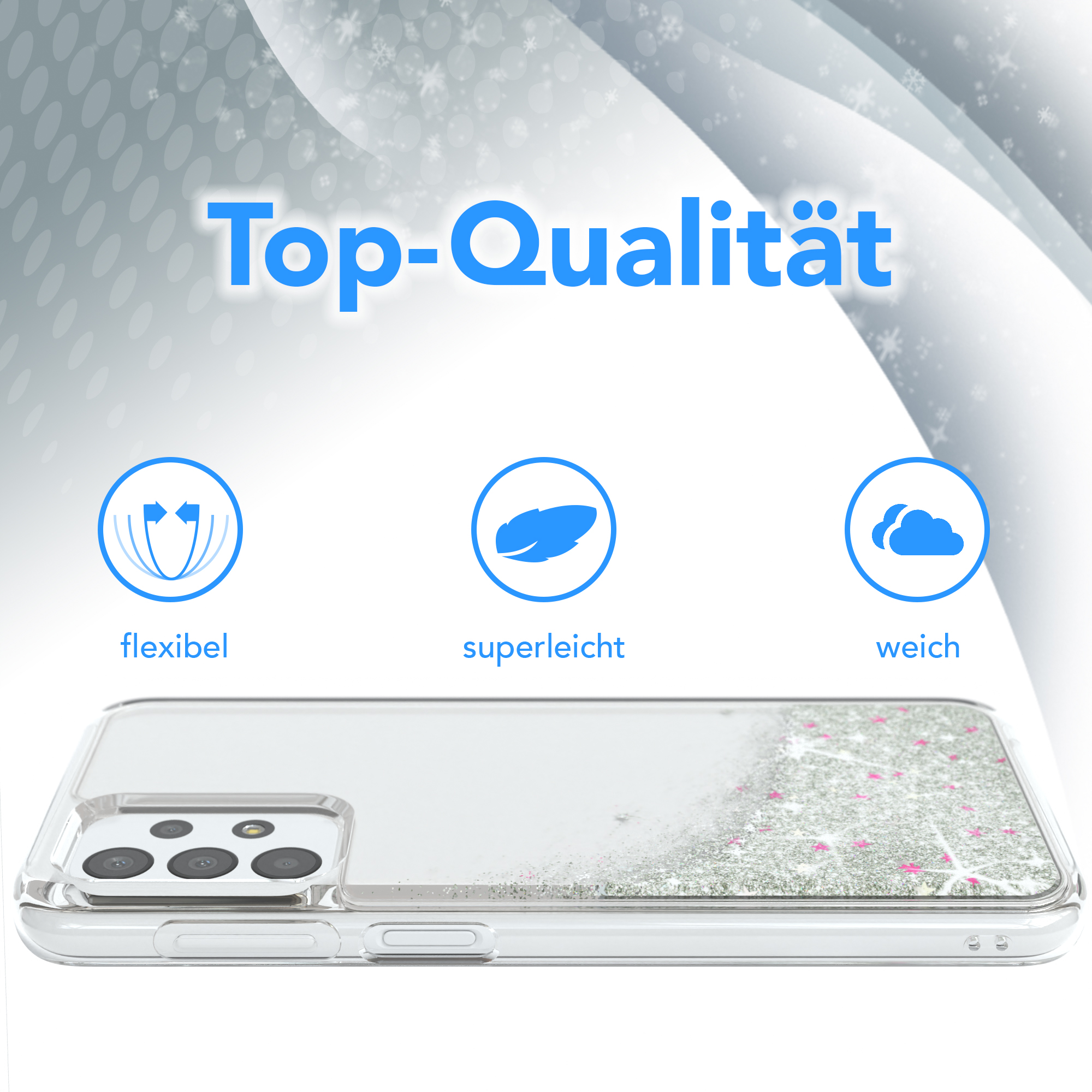 Transparente Handyhülle mit Glitzer und Design. Text: 'Top-Qualität'.