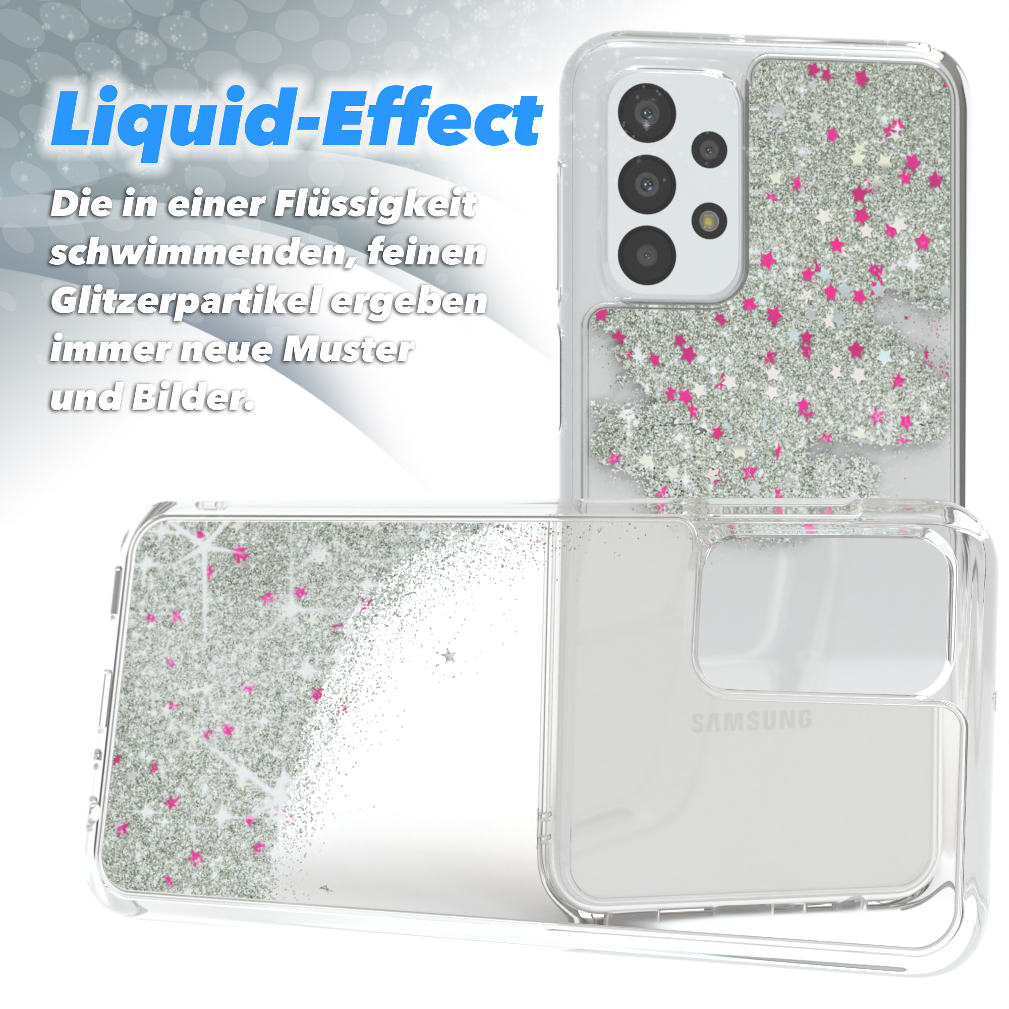 Eine Handyhülle mit Flüssigkeitseffekt, transparent mit rosa Sternen und dem Samsung-Logo.