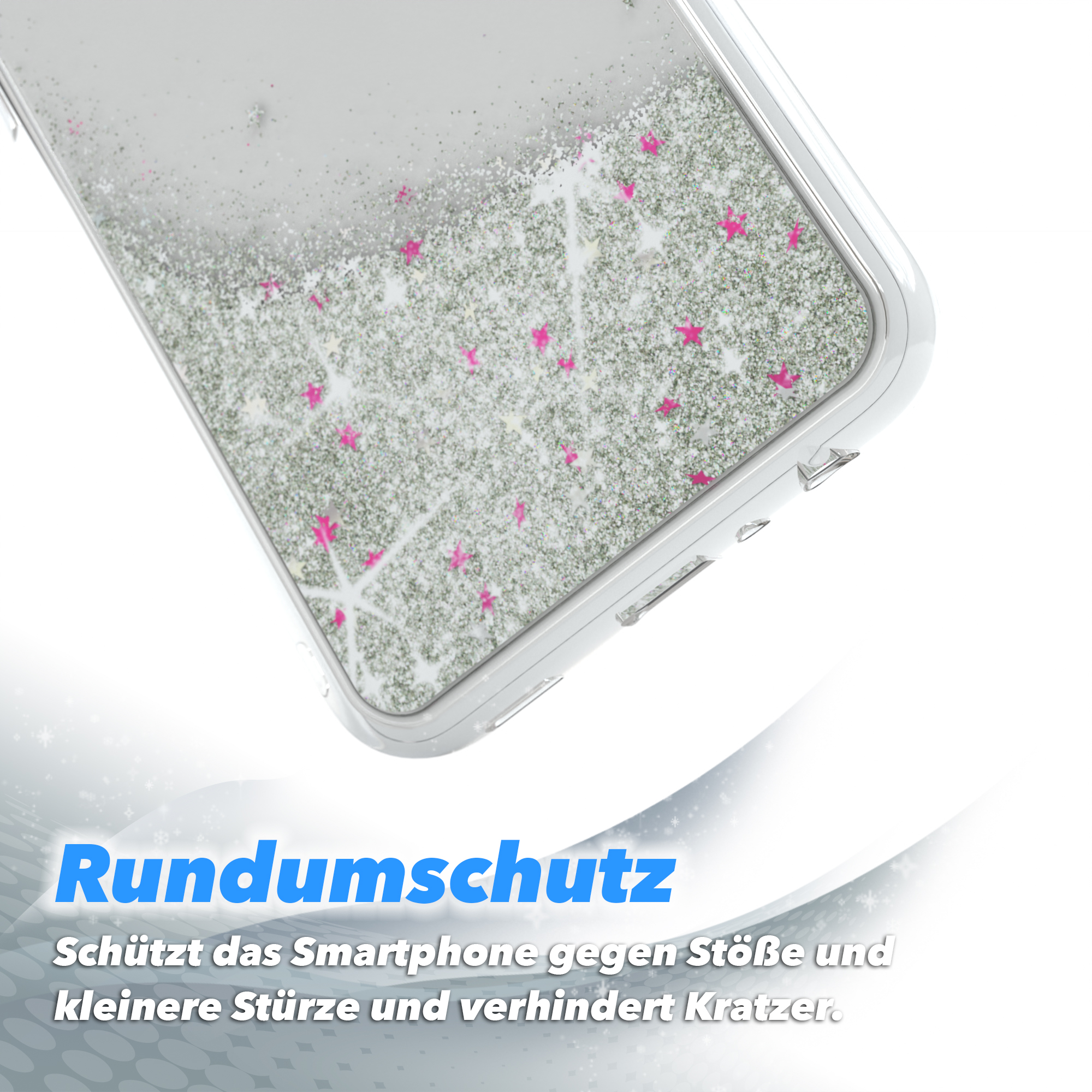Nahaufnahme einer Handyhülle mit Glitzer. Die Hülle schützt das Telefon vor Stößen und Kratzern.