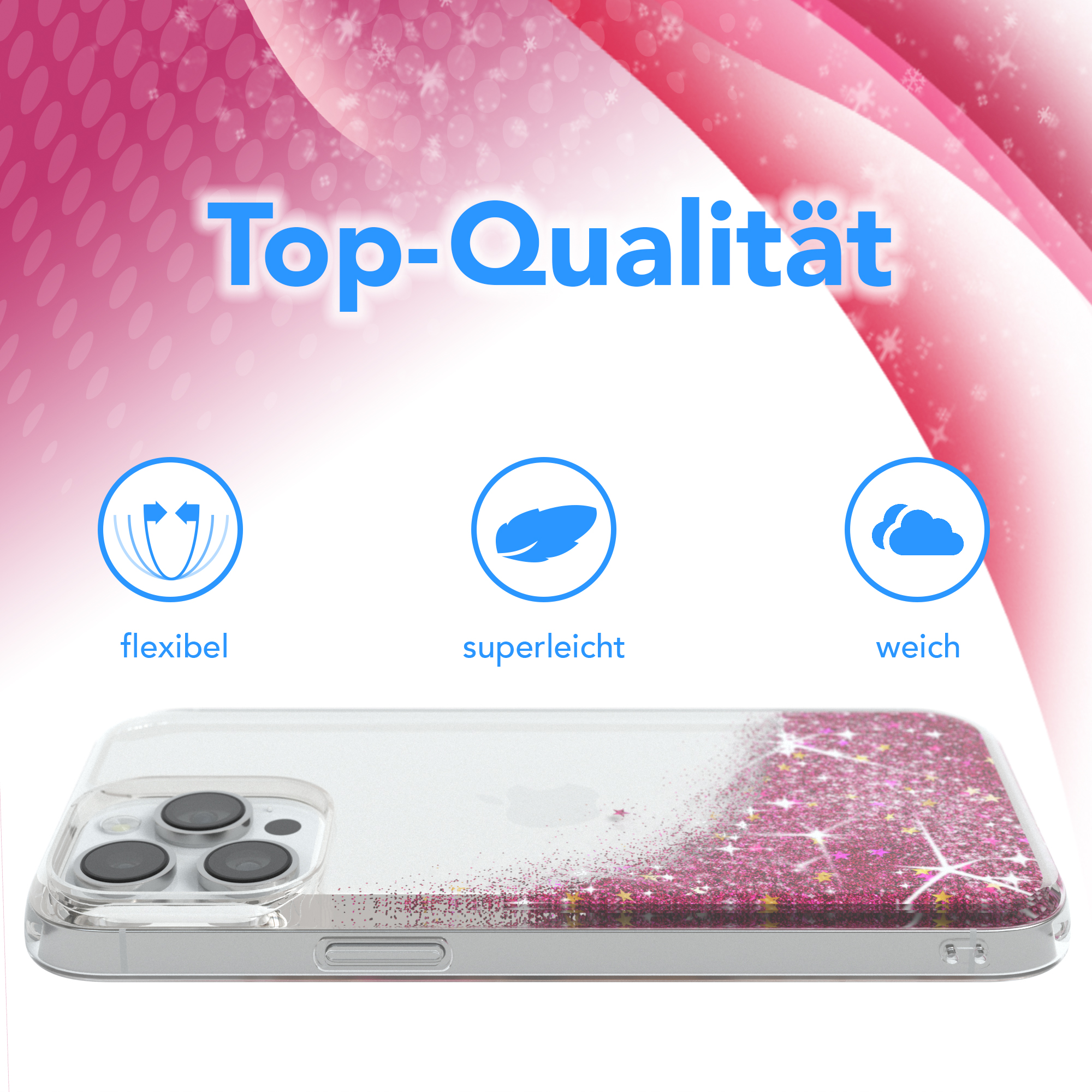 Transparente Handyhülle mit rosa Glitzer, weich, flexibel, superleicht.