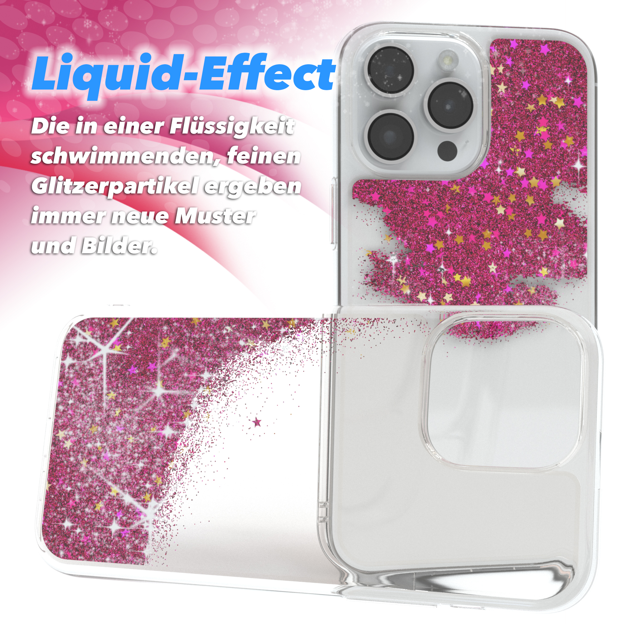 Transparente Handyhülle mit rosa Glitzer und Sternen, Flüssigkeitseffekt, zeigt zwei Teile.