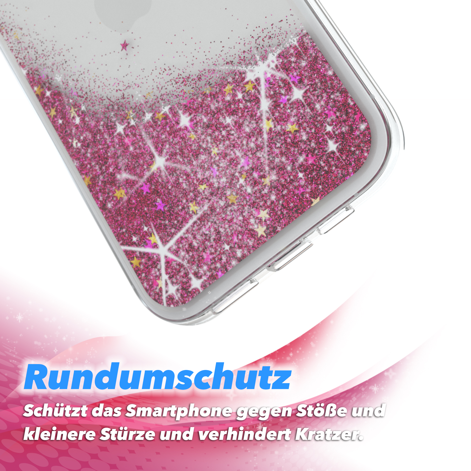 Handyhülle mit pinkfarbenem Glitzer, im Flüssigkeitseffekt.