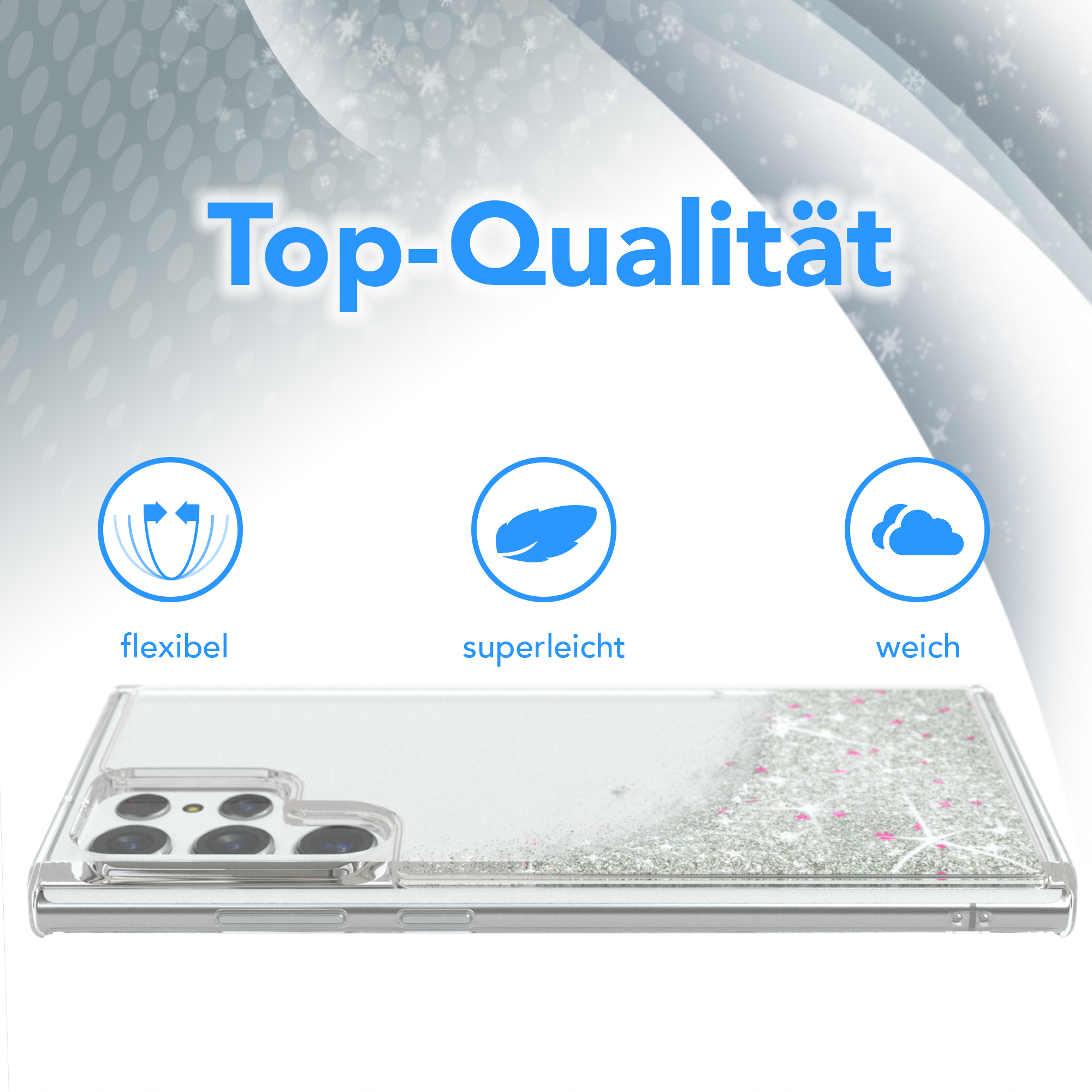 Eine Handyhülle mit rosa Glitzer. Text: Top-Qualität, flexibel, superleicht, weich.