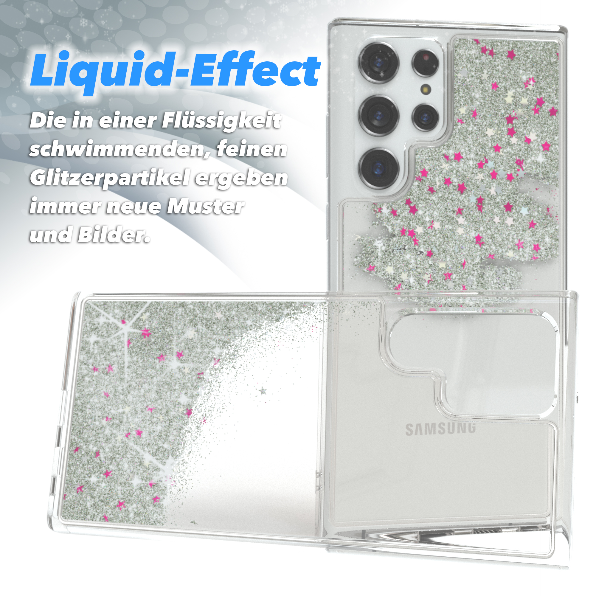 Transparente Handyhülle mit Flüssigkeitsglitzer. Rosa Sterne in der Flüssigkeit. Samsung-Logo auf der Hülle.