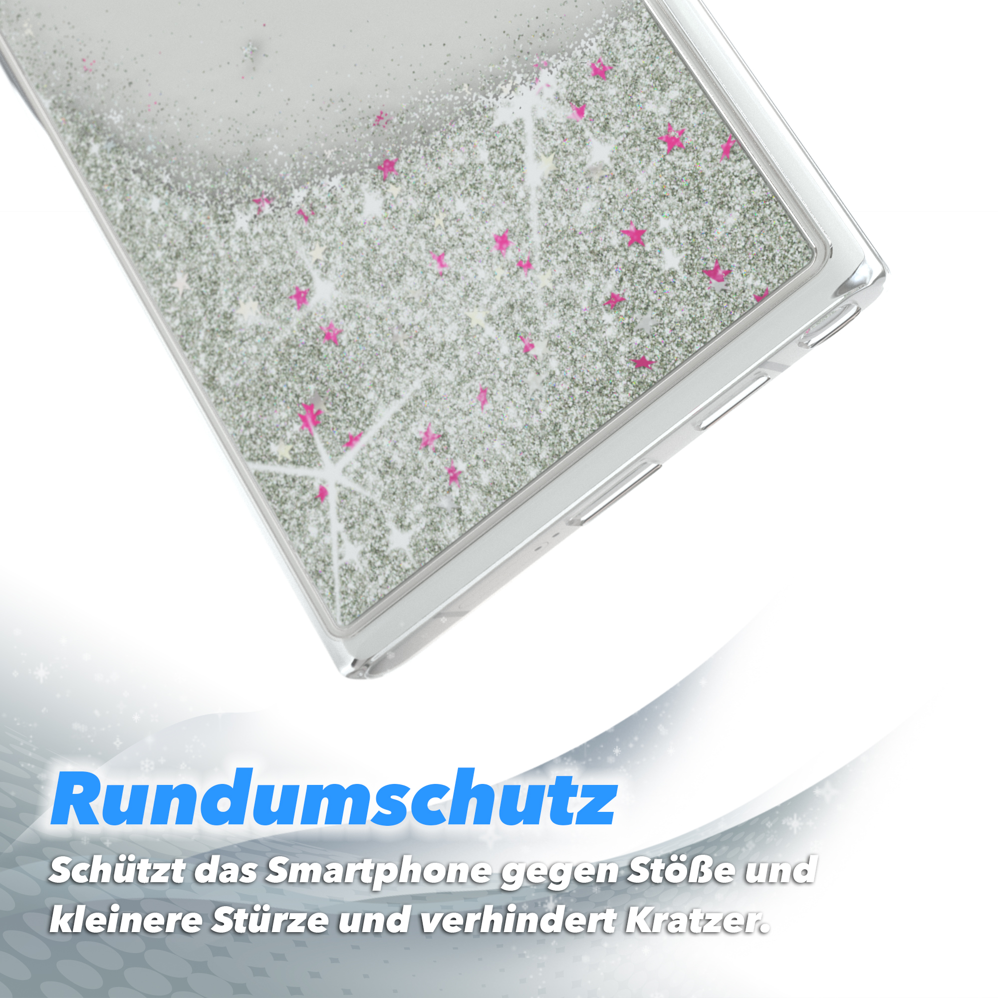 Transparente Handyhülle mit Glitzer. Grauer Glitzer und rosa Sterne. Text unten.
