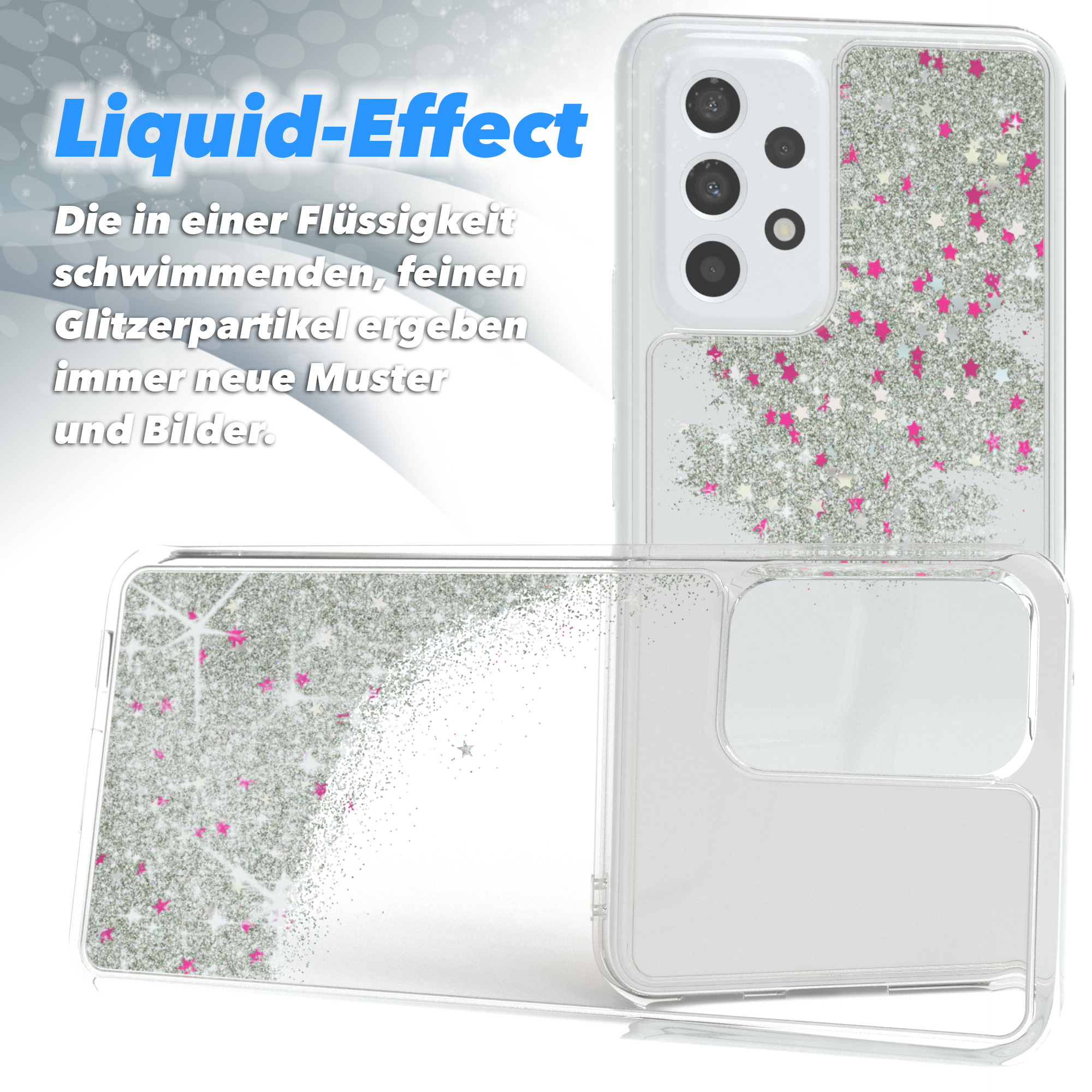 Handyhülle mit Flüssigkeitseffekt. Text: Liquid-Effect. Transparente Hülle mit Glitzer und Sternen.